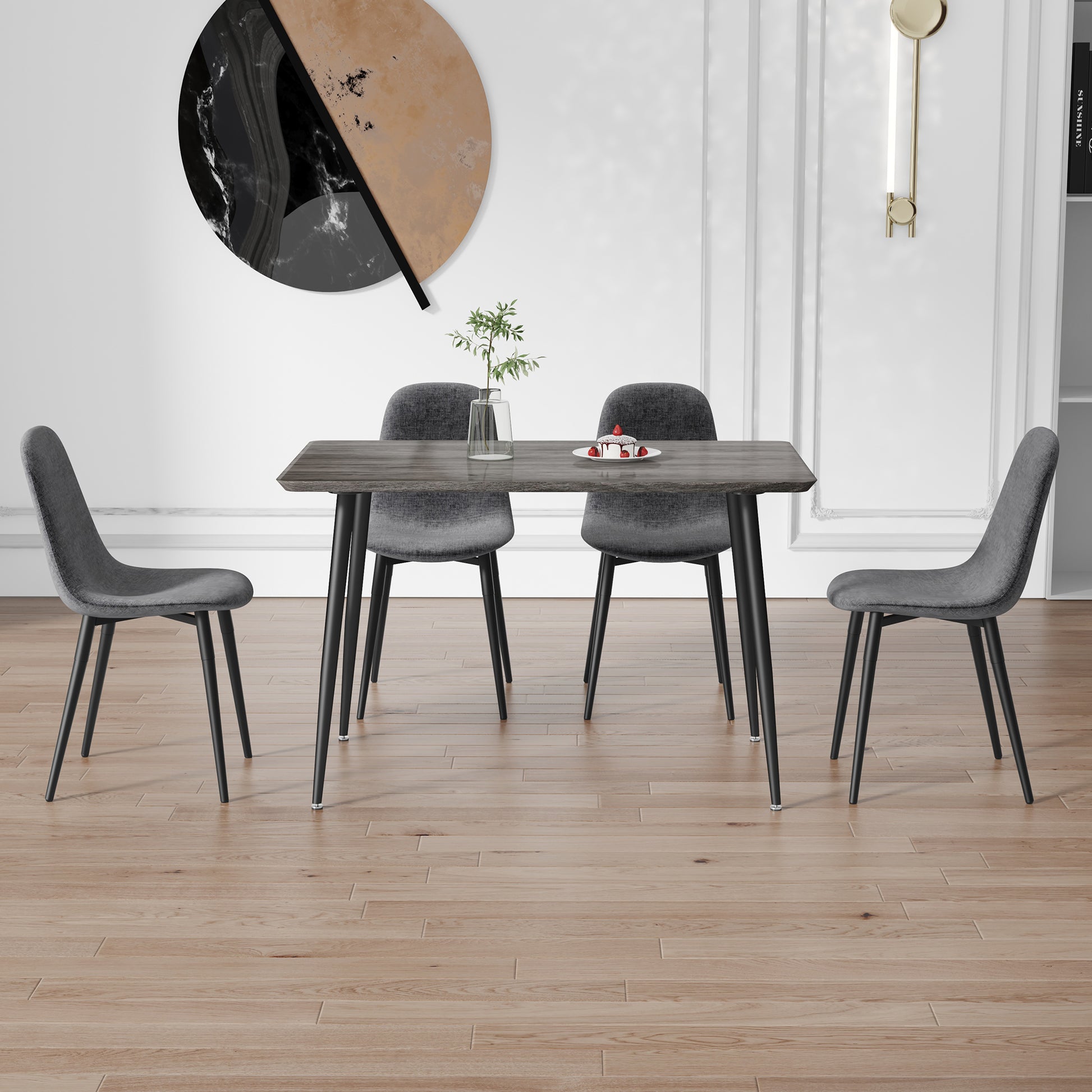 1 Table And 4 Chairs Set.Gray Wood Grain Table With Mdf Tabletop And Black Iron Legs.A Set Of 4 Modern Medieval Style Chairs, Equipped With Soft Cushions And Black Metal Legs.Dt 1226,B0501A Gray Mdf Metal