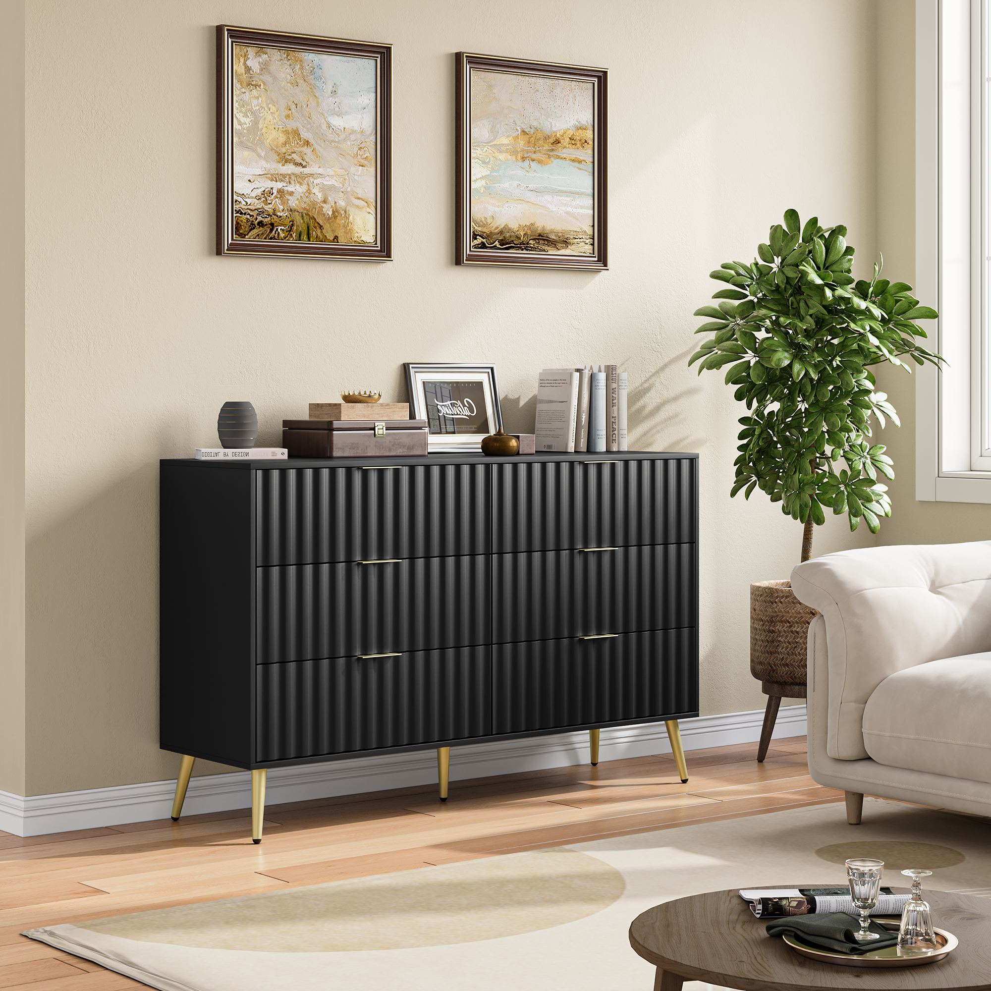 Black Modern 6 Drawers For Living Room For Hallway With Gold Handles Bedroom Chest Of Drawers Black Bedroom American Design,American Traditional,Antique,Classic,Modern Mdf