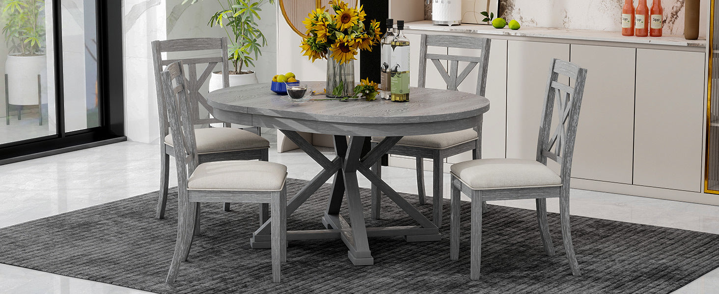 5 Piece Retro Functional Dining Table Set Extendable Round Table And 4 Upholstered Chairs For Dining Room And Living Room Grey Grey Solid Wood