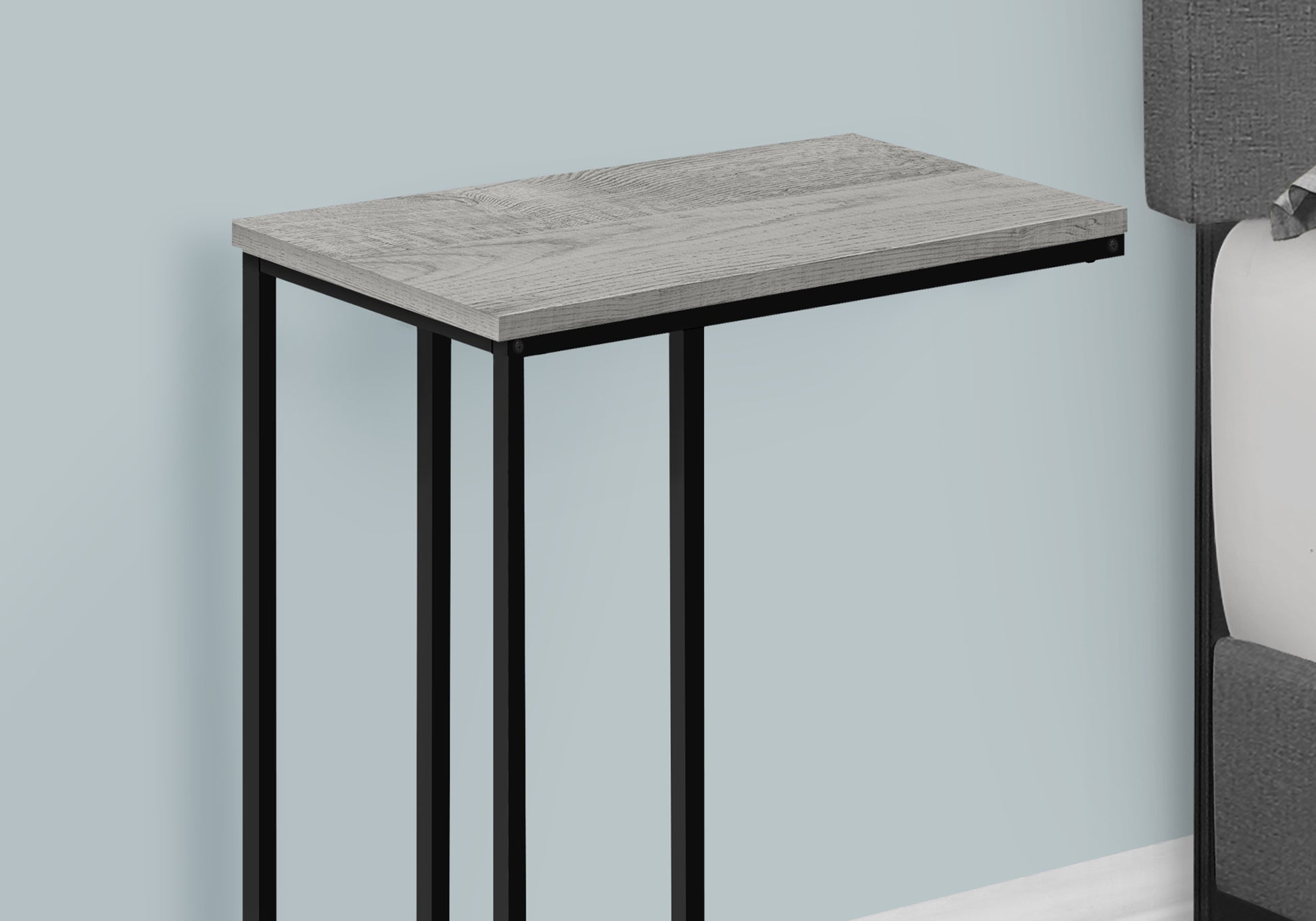 Accent Table, C Shaped, End, Side, Snack, Living Room, Bedroom, Grey Laminate, Black Metal, Contemporary, Modern Grey Particle Board