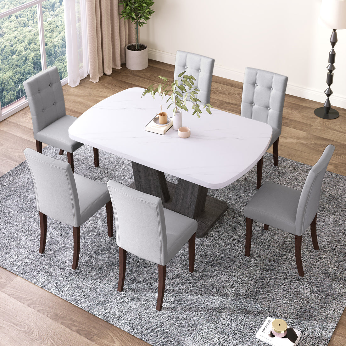 Dining Table Set For 6, 7 Piece Kitchen Table Chairs Set, 1.8" Thickness Tabletop And V Shaped Table Legs, Modern Dining Room Set With 63 Inch Dinner Table And 6 Upholstered Chairs For Dining Room Wood Grey White Dining Room Classic,Mid Century