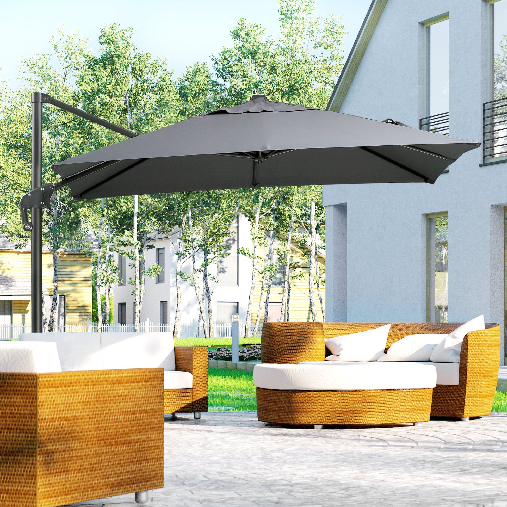 8 ft square patio umbrella Outsunny 8Ft Cantilever Patio Umbrella, Square Outdoor Offset Umbrella With 360 Rotation, Aluminum Hanging Umbrella With 3 Position Tilt, Crank &