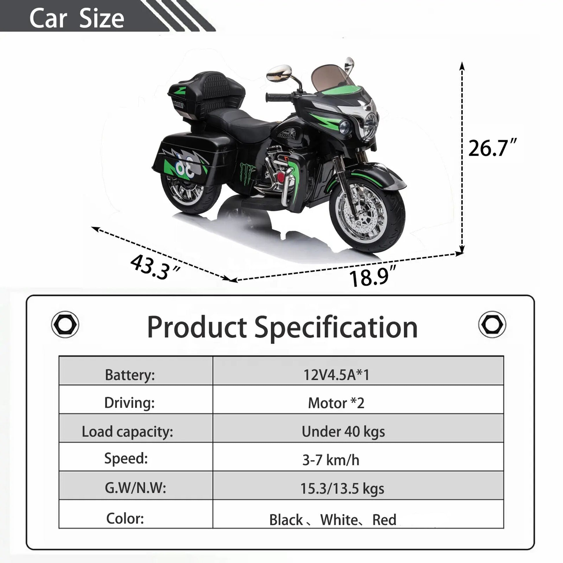 Kids Motorcycle,Ride On Motorcycle,Kids Electric Motorcycle 12V Two Seat Motorcycle For Kids,Motorbike For Kids With Key Start 3 Wheels Headlight Storage Box Two Motor Two Seat Black Plastic Indoor