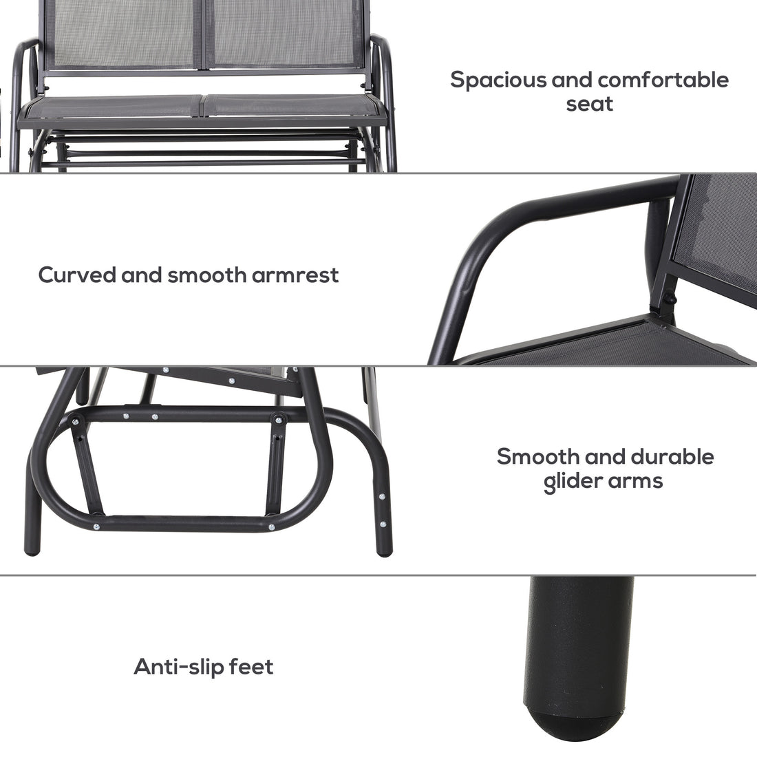 Outsunny 2 Person Outdoor Glider Bench, Patio Double Swing Rocking Chair Loveseat W Powder Coated Steel Frame For Backyard Garden Porch, Gray Grey Steel