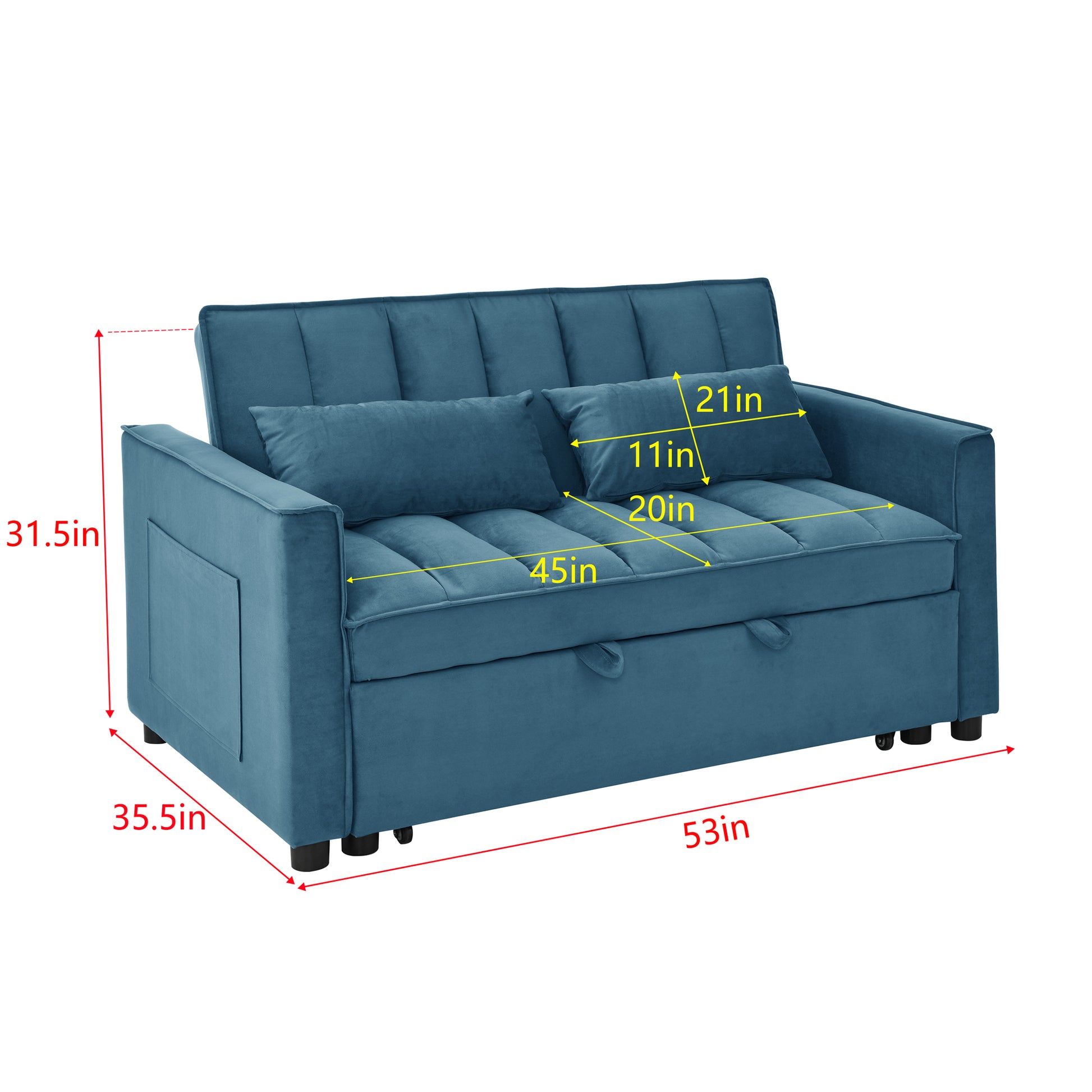 Modern Velvet Seat Sofa Couch Pull Out Bed,3 In One Convertible For Living Room Sofa Bed,Blue Blue Velvet Primary Living Space Cushion Back Medium Soft Medium Duty American Design Pillow Top Arms Foam Velvet 2 Seat