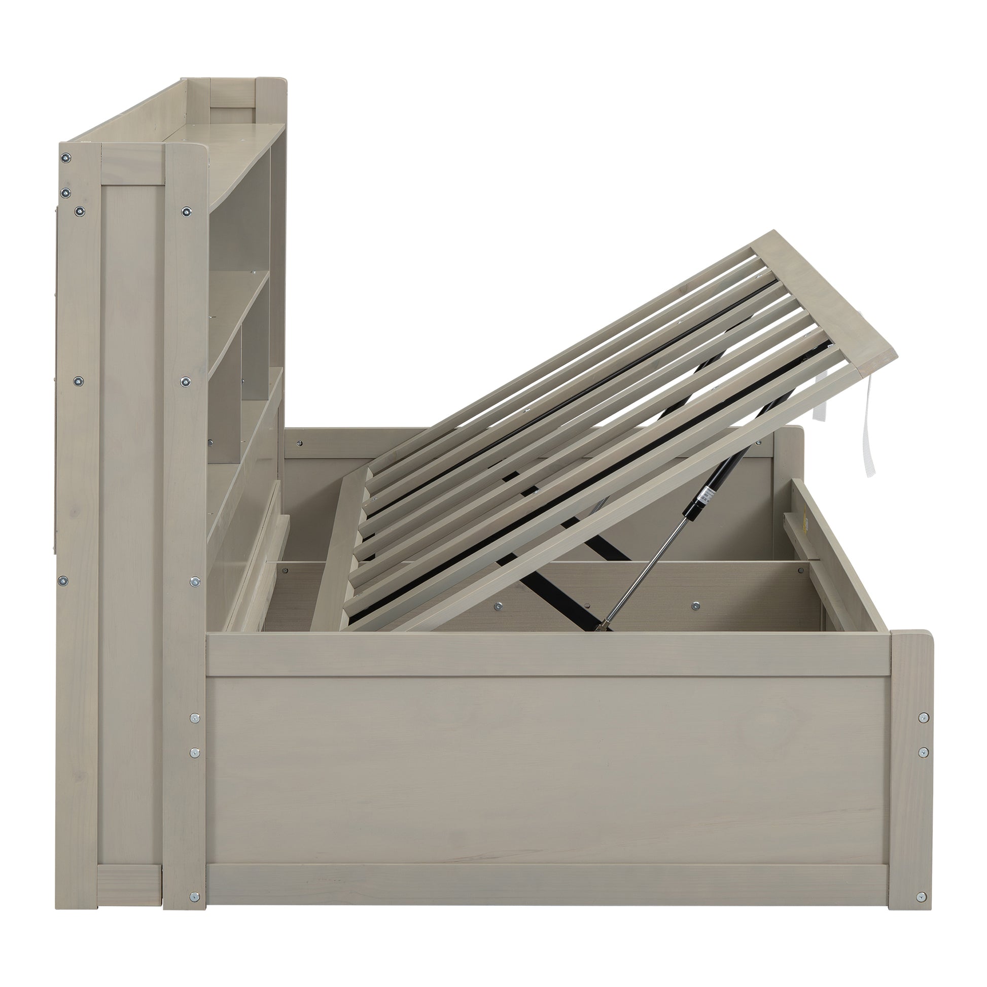 Twin Size Daybed Frame With Storage Bookcases And Underneath Storage, Usb Charging Station, Gray Twin Light Grey Solid Wood Mdf