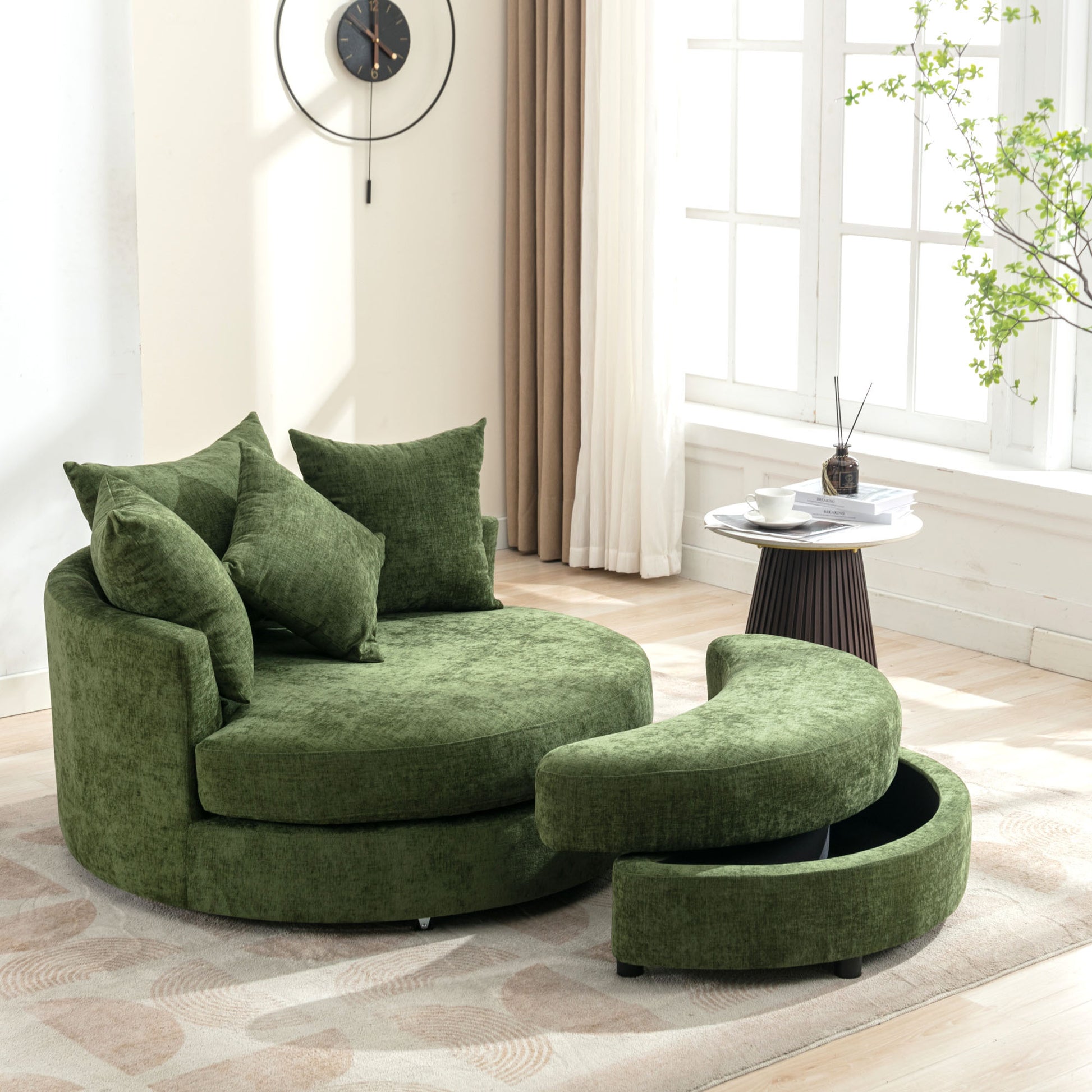 Orisfur. 360 Swivel Accent Barrel Chair With Storage Ottoman & 4 Pillows, Modern Chenille Leisure Chair Round Accent For Living Room, Green Green Foam Chenille