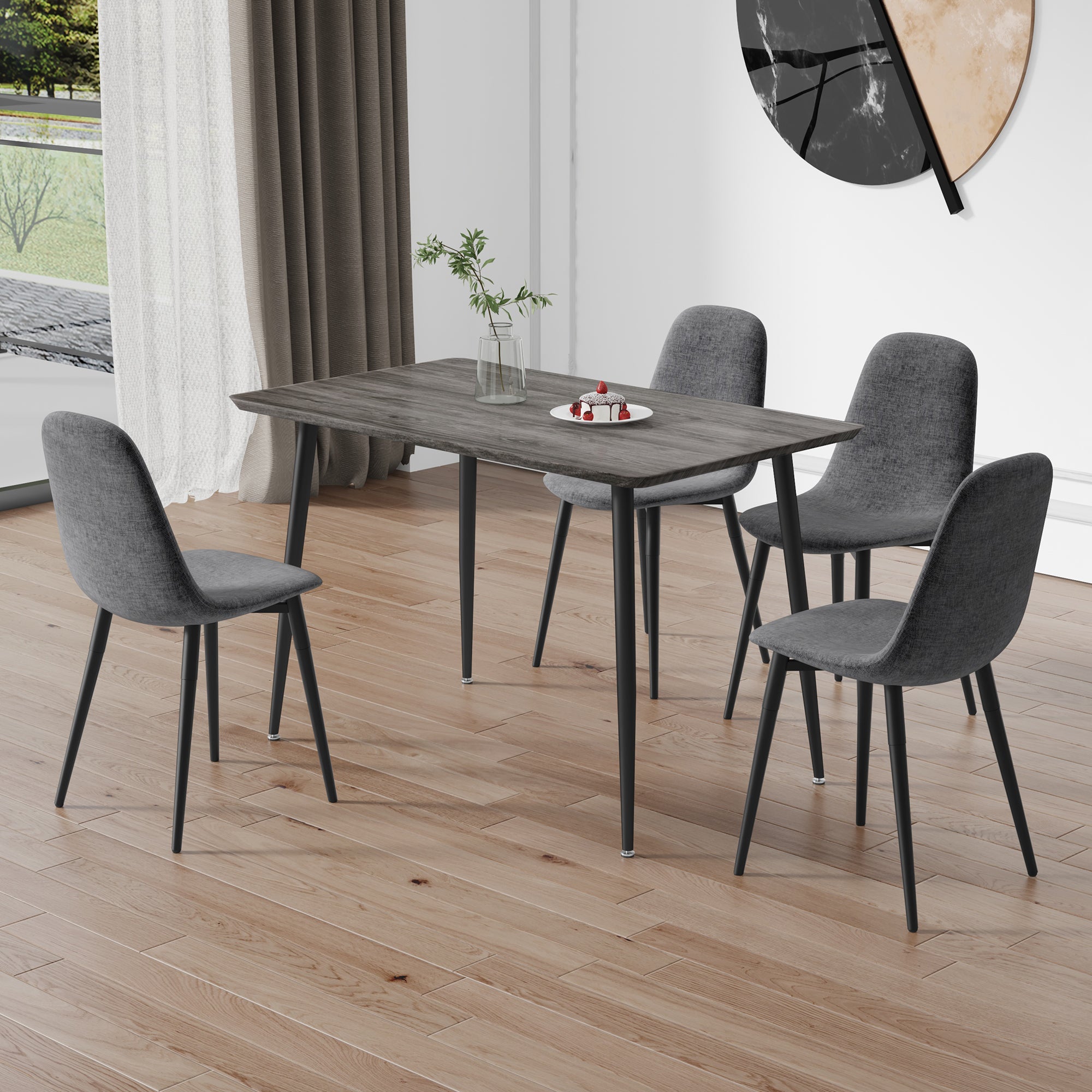 1 Table And 4 Chairs Set.Gray Wood Grain Table With Mdf Tabletop And Black Iron Legs.A Set Of 4 Modern Medieval Style Chairs, Equipped With Soft Cushions And Black Metal Legs.Dt 1226,B0501A Gray Mdf Metal