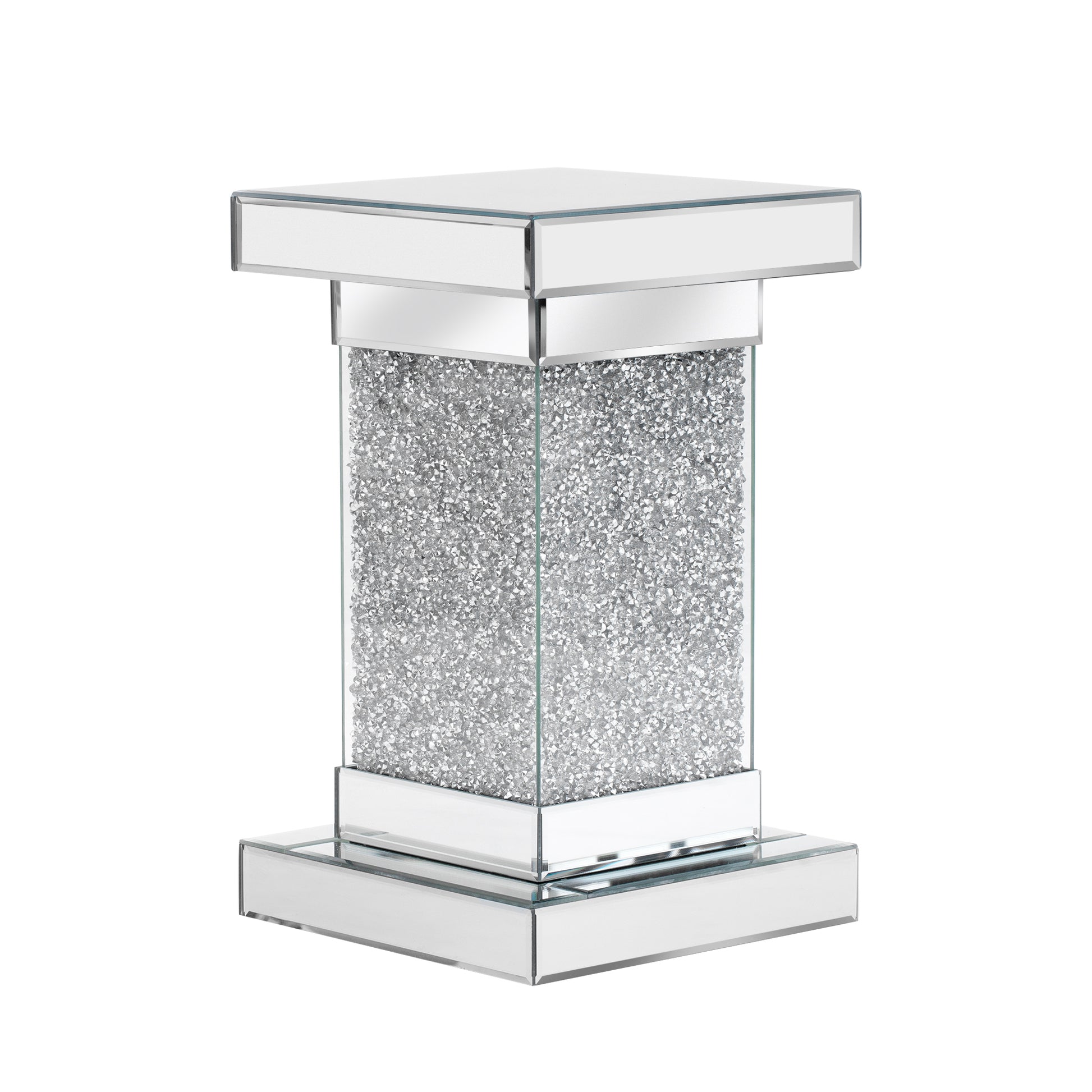 11.8'' Silver Square Mirrored End Table With Led Lights, Modern Side Table With Crushed Diamond For Living Room, No Assembly Required Silver Mirrored Finish Luxury,Modern Square Mdf Glass