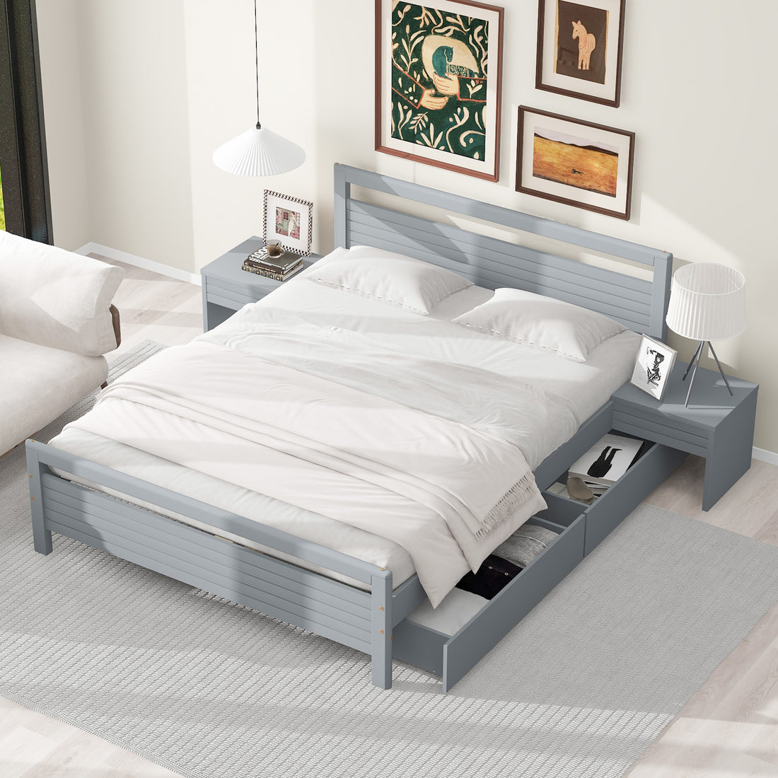 Queen Size Wooden Platform Bed With 2 Storage Drawers And 2 Bedside Tables, Gray Queen Gray Pine
