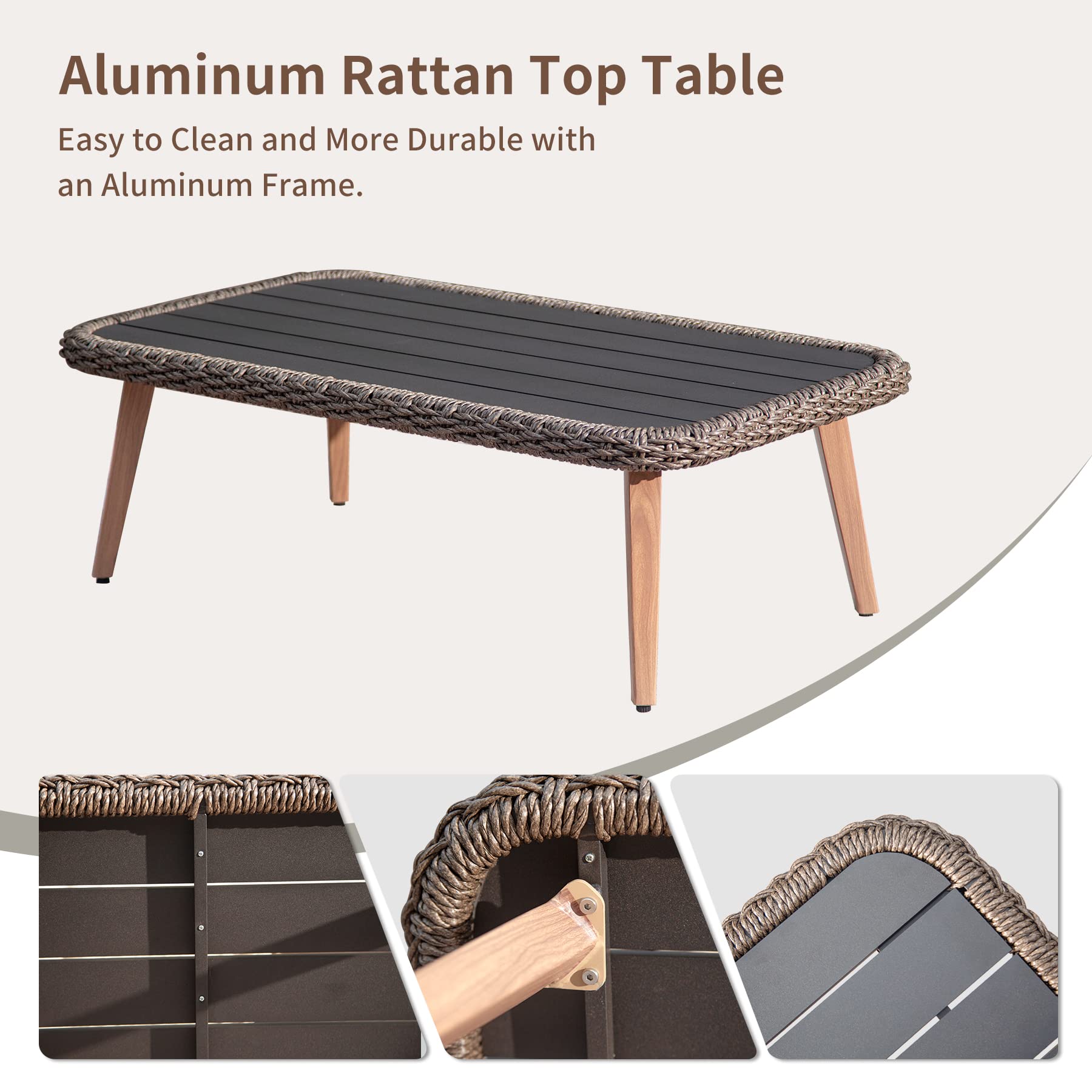 Patio Conversation Sets 4 Pieces, Handwoven Rattan Wicker Aluminum Frame Outdoor Patio Set, All Weather Modern Rope Patio Loveseat With Coffee Table For Garden Balcony Deck Poolside Porch Khaki Yes Khaki Garden & Outdoor Multiple Chairs Seating Group