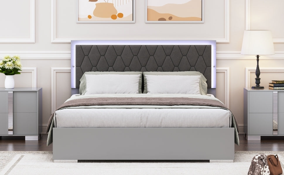 Queen Size Upholstered Bed With Led Lights,Modern Platform Bed With Velvet Headboard,Grey Queen Grey Mdf