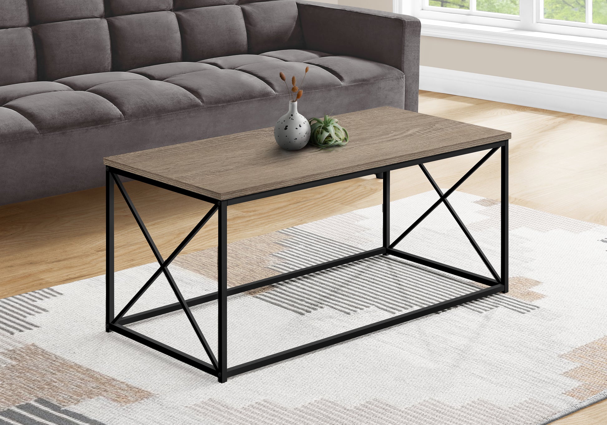 Coffee Table, Accent, Cocktail, Rectangular, Living Room, 40"L, Brown Laminate, Black Metal, Contemporary, Modern Taupe Particle Board