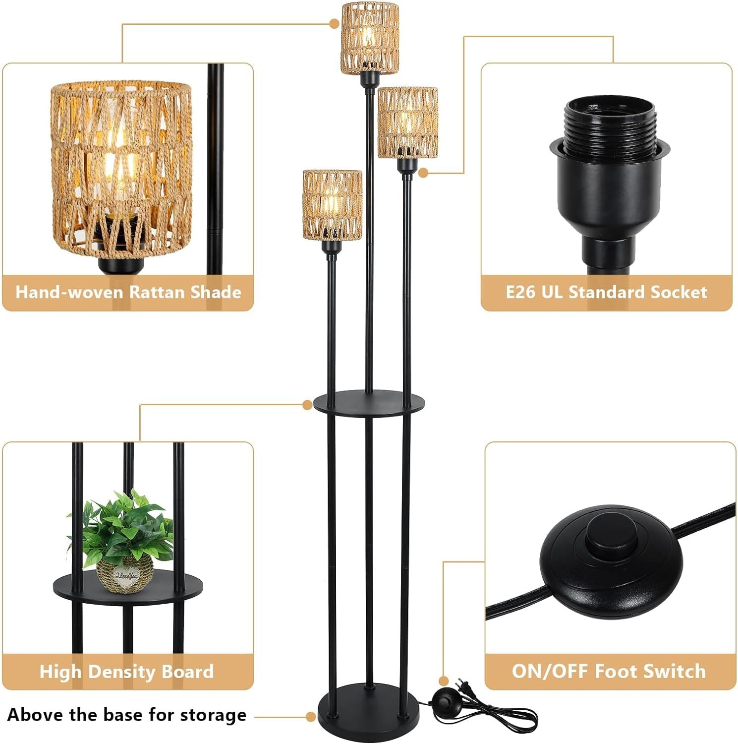 Boho Floor Lamp With Shelves, 3 Lights Farmhouse Tall Floor Lamp With On Off Foot Switch, Rustic Standing Lamp With Rattan Shades For Living Room Bedroom Office Brown Black Rattan Metal