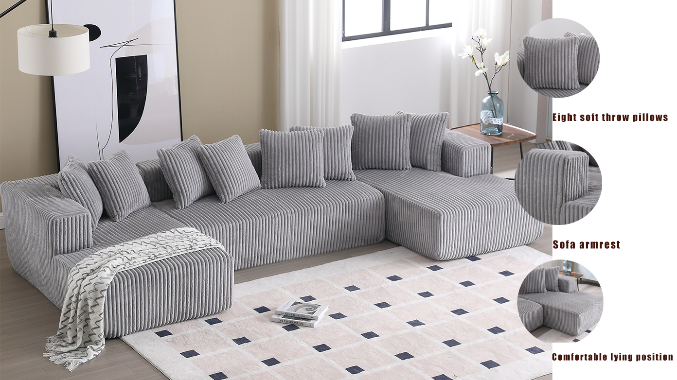 Arrived 131'' Modular Sectional Couch, U Shaped Sofachaise Lounge, Striped Fabric,Upholstered 4 Seater Couch For Living Room, Bedroom, Free Combination Sofa Corduroy , Gray Gray Polyester Primary