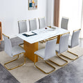 Table And Chair Set.Large Modern Rectangular Table With 0.4 Inch Patterned Glass Tabletop And Large Mdf Table Legs.Comes With 8 Chairs With Faux Leather Cushioned Seats And Golden Metal Legs. Gold White Seats 8 Mdf Glass