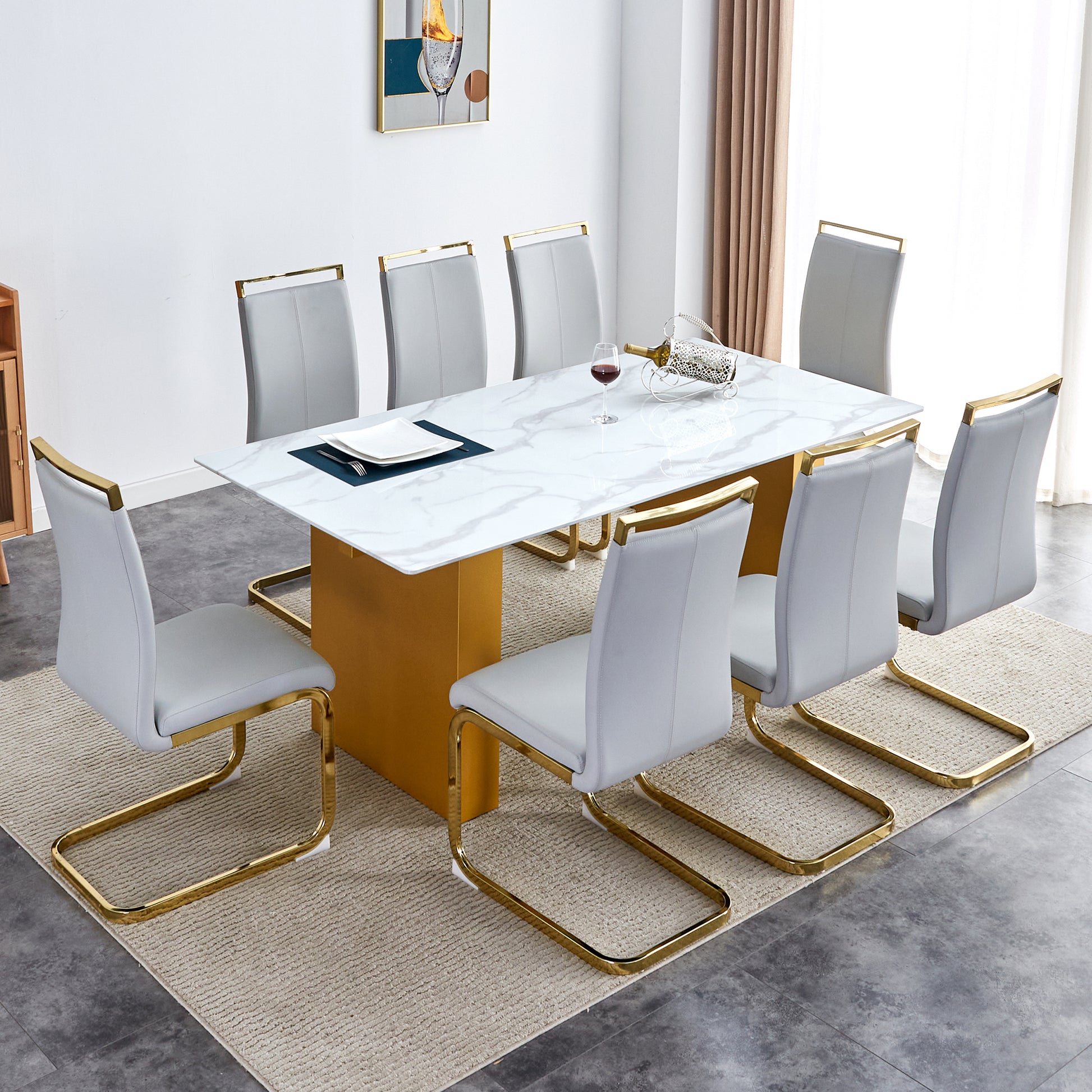 Table And Chair Set.Large Modern Rectangular Table With 0.4 Inch Patterned Glass Tabletop And Large Mdf Table Legs.Comes With 8 Chairs With Faux Leather Cushioned Seats And Golden Metal Legs. Gold White Seats 8 Mdf Glass