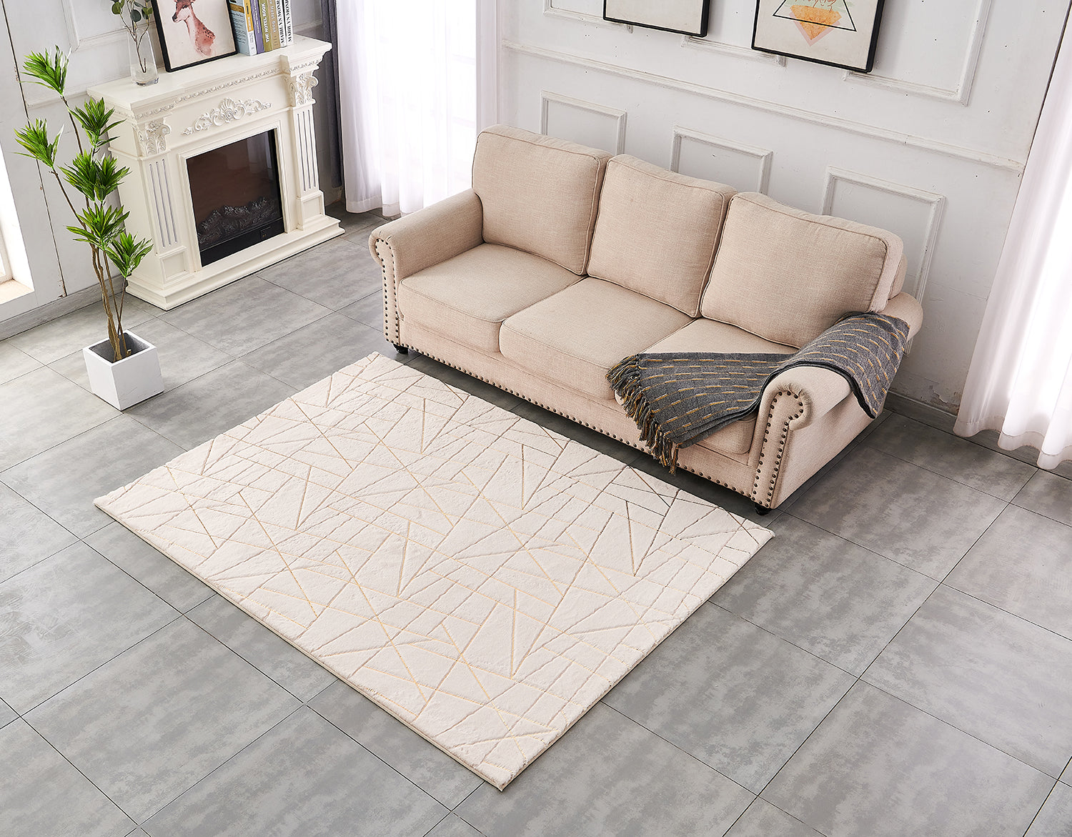 Luxury Machine Washable Beige Geometric Abstract Gold Gilded Chinchilla Faux Fur Area Rug Beige Gold Polyester