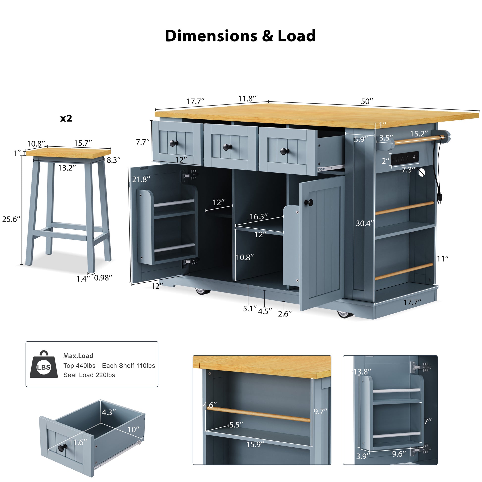 K&K 53Inch Large Kitchen Island With 2 Bar Stools, Power Outlet,Door Internal Storage Rack,Kitchen Storage Cart On 5 Wheels With Drop Leaf,5 Open Side Racks,3 Drawers For Kitchen,Dining Room,Grey Blue Grey Blue Gray Kitchen