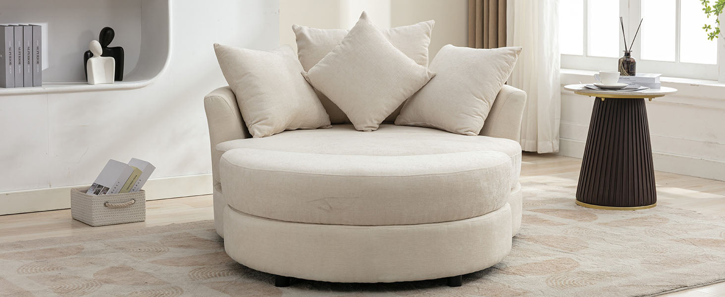 Orisfur. 360 Swivel Accent Barrel Chair With Storage Ottoman & 4 Pillows, Modern Chenille Leisure Chair Round Accent For Living Room, Cream Cream Foam Chenille