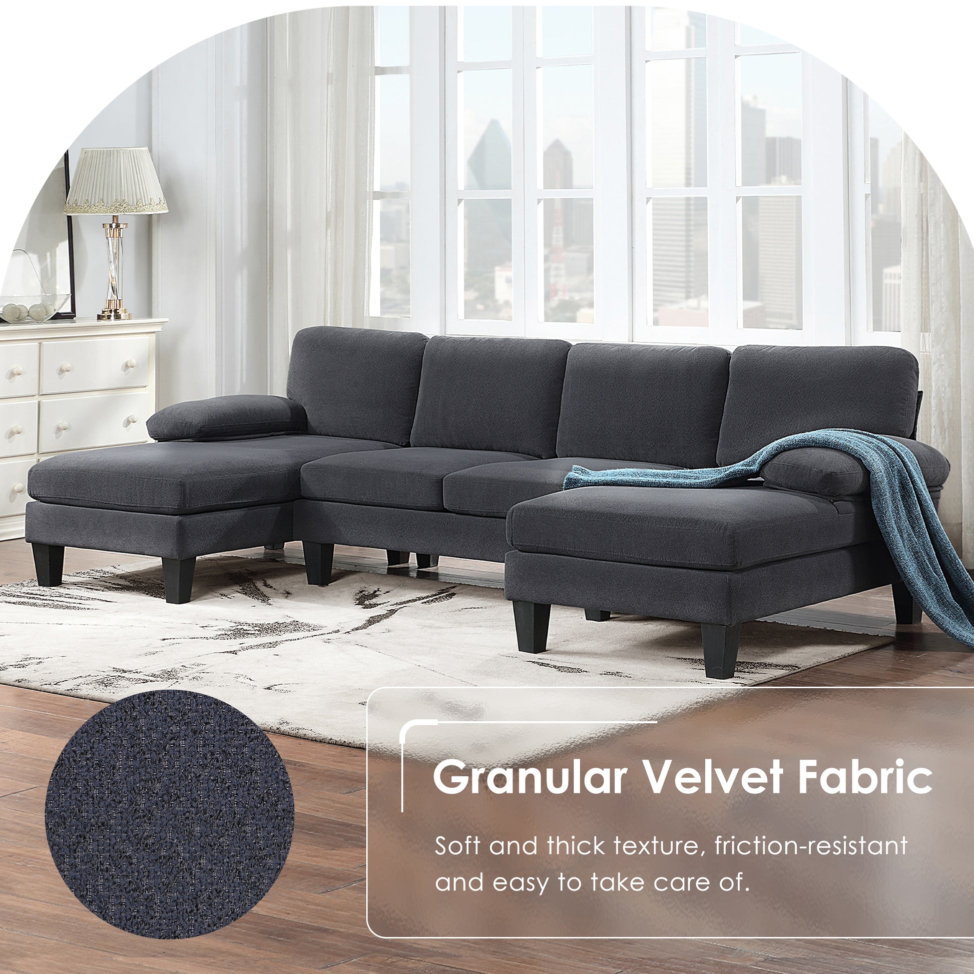 112*56" Granular Velvet Sofa,U Shaped Couch With Oversized Seat,6 Seat Sofa Bed With Double Chaise,Comfortable And Spacious Indoor Furniture For Living Room,Apartment,2 Colors Dark Gray Velvet 6 Seat