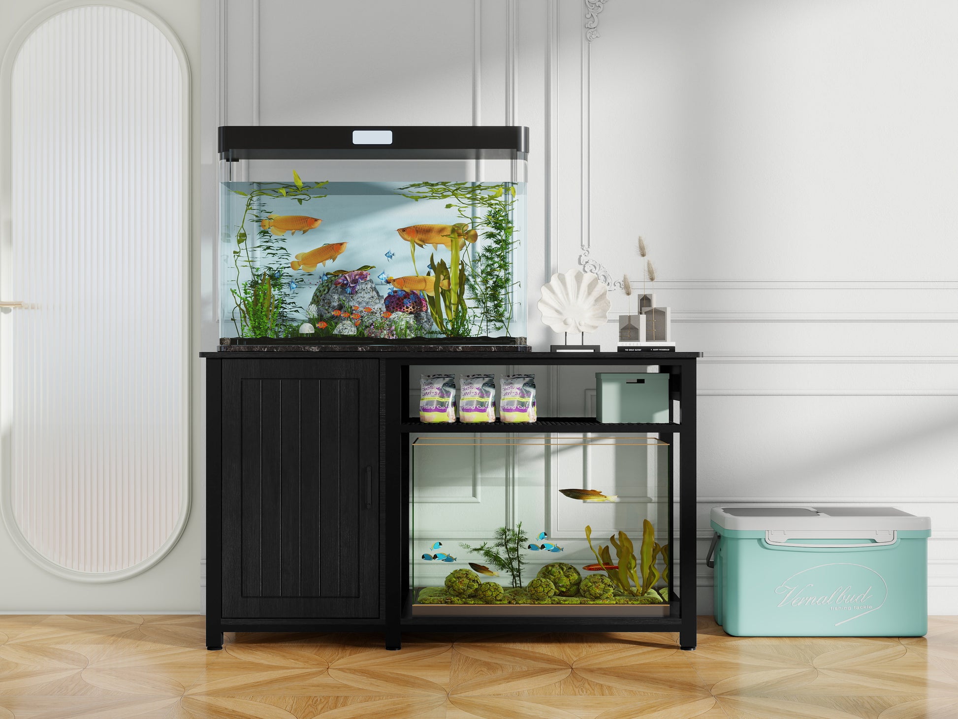 best fish tank accessories Heavy Duty 55 75 Gallon Aquarium Stand With Power Outlets, Cabinet For