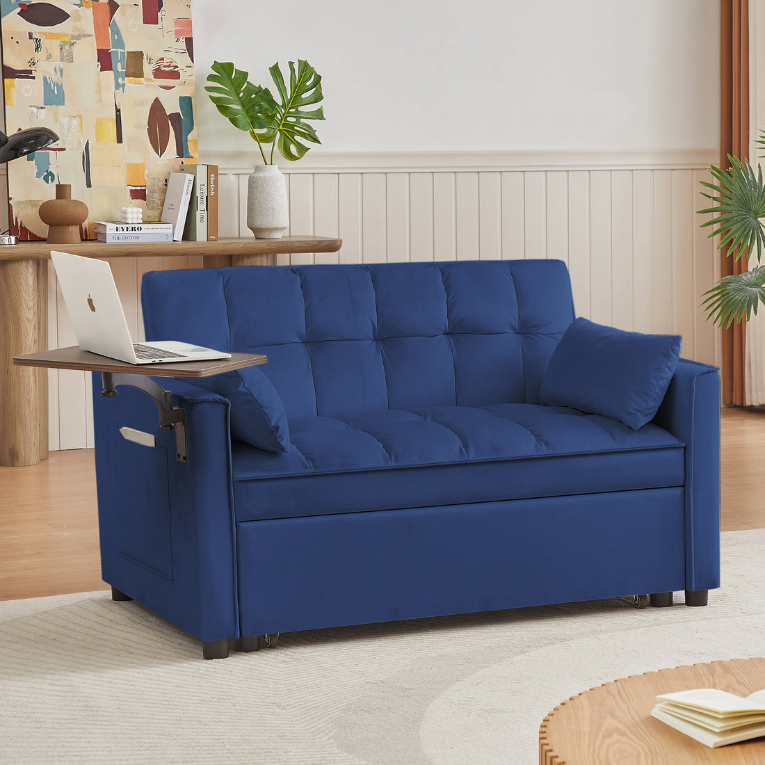 Blue Velvet Loveseat Sofa Bed Blue Wood Tufted Back Square Arms Foam Velvet 2 Seat