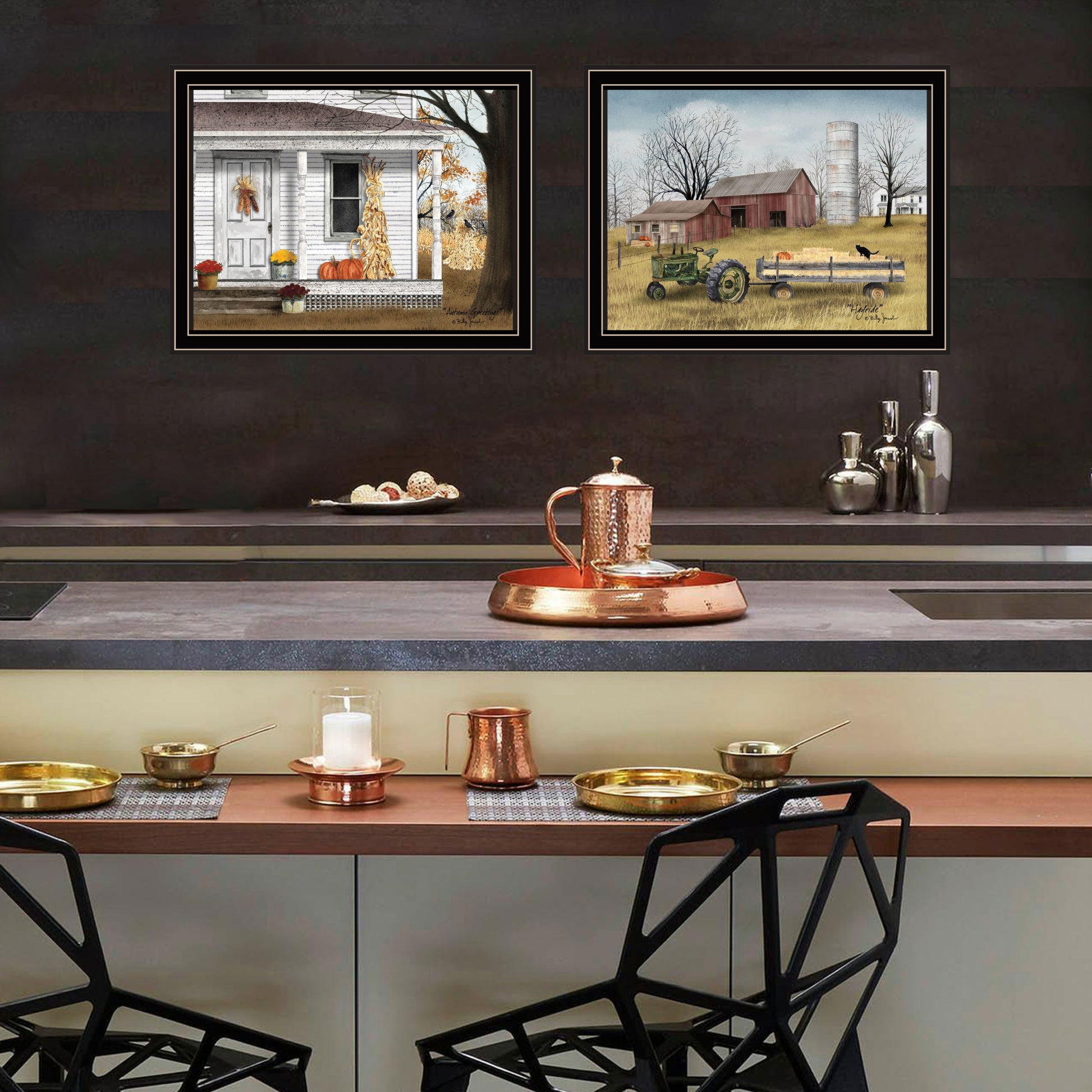 2 Piece Vignette Autumn Greetings Black Framed Wall Art For Living Room, Bedroom Wall Art Print For Home Decor By Billy Jacobs Multicolor Wood Paper