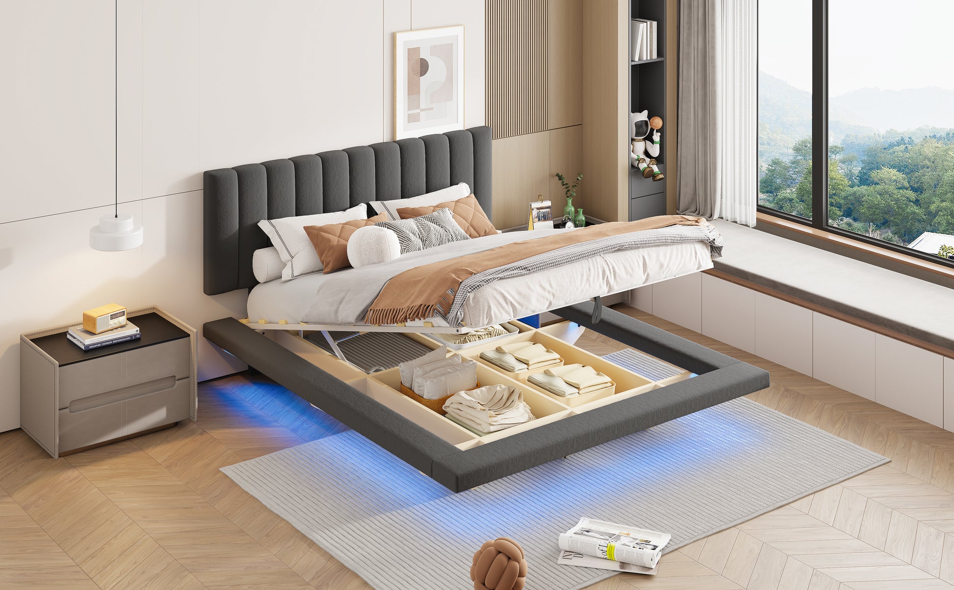 Queen Size Upholstered Floating Bed With Led Light And Usb Port, Velvet, Gray, Hydrualic Platform Bed Queen Gray Velvet