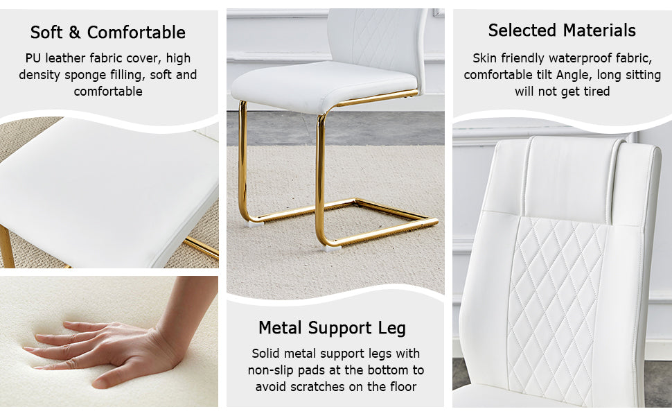 Table And Chair Set.The Table Has A Glass Tabletop With Imitation Marble Pattern Stickers And Stainless Steel Golden Table Legs. Paried With Comfortable Chairs With Pu Seats And Metal Legs. White Gold Seats 8 Glass Metal