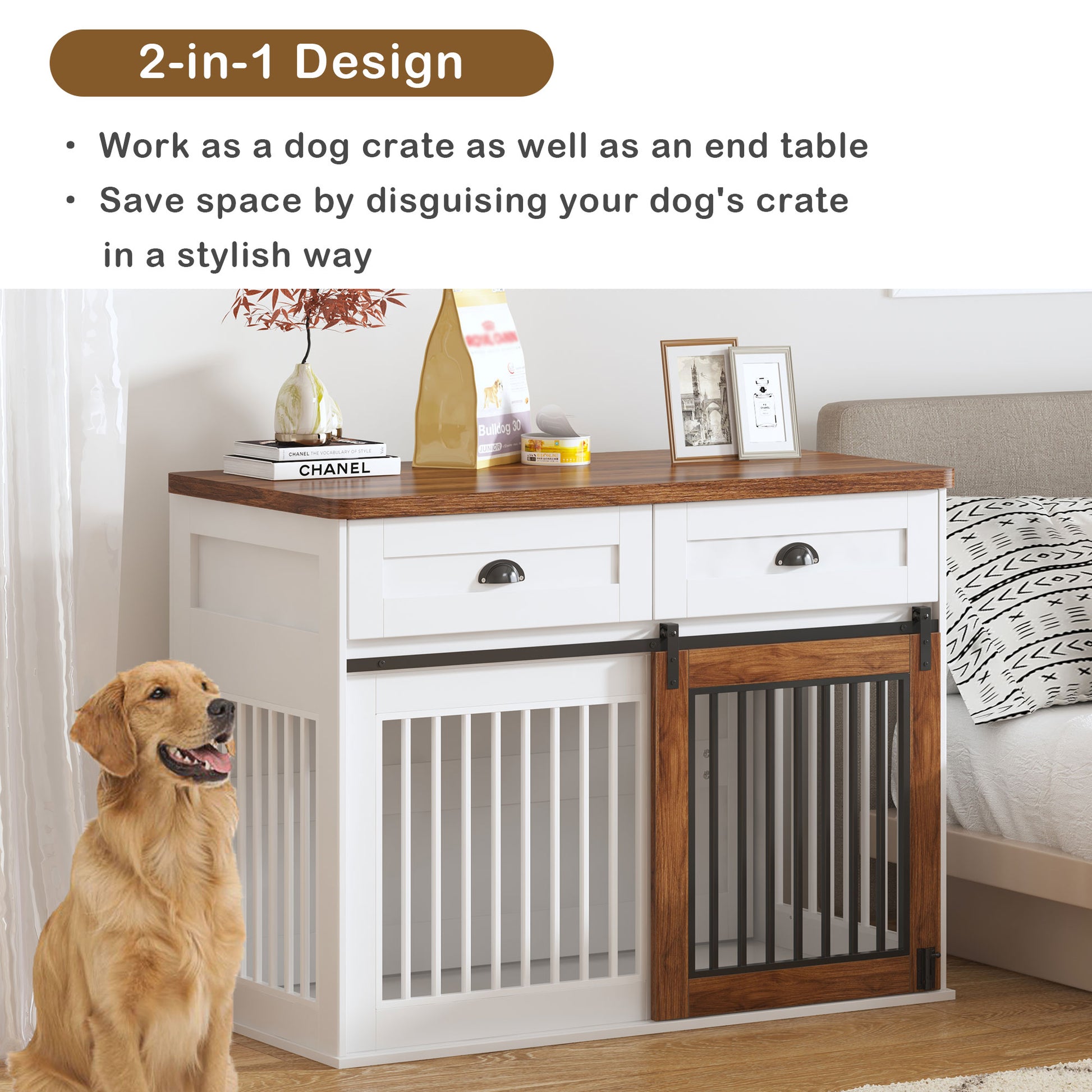 Heavy Duty Furniture Style Dog Cage Wooden Dog Cage Double Door Dog Cage Side Cabinet Dog Cage Dog Crate 44 1 2"W *23"D *33 1 4"H White Walnut Particle Board