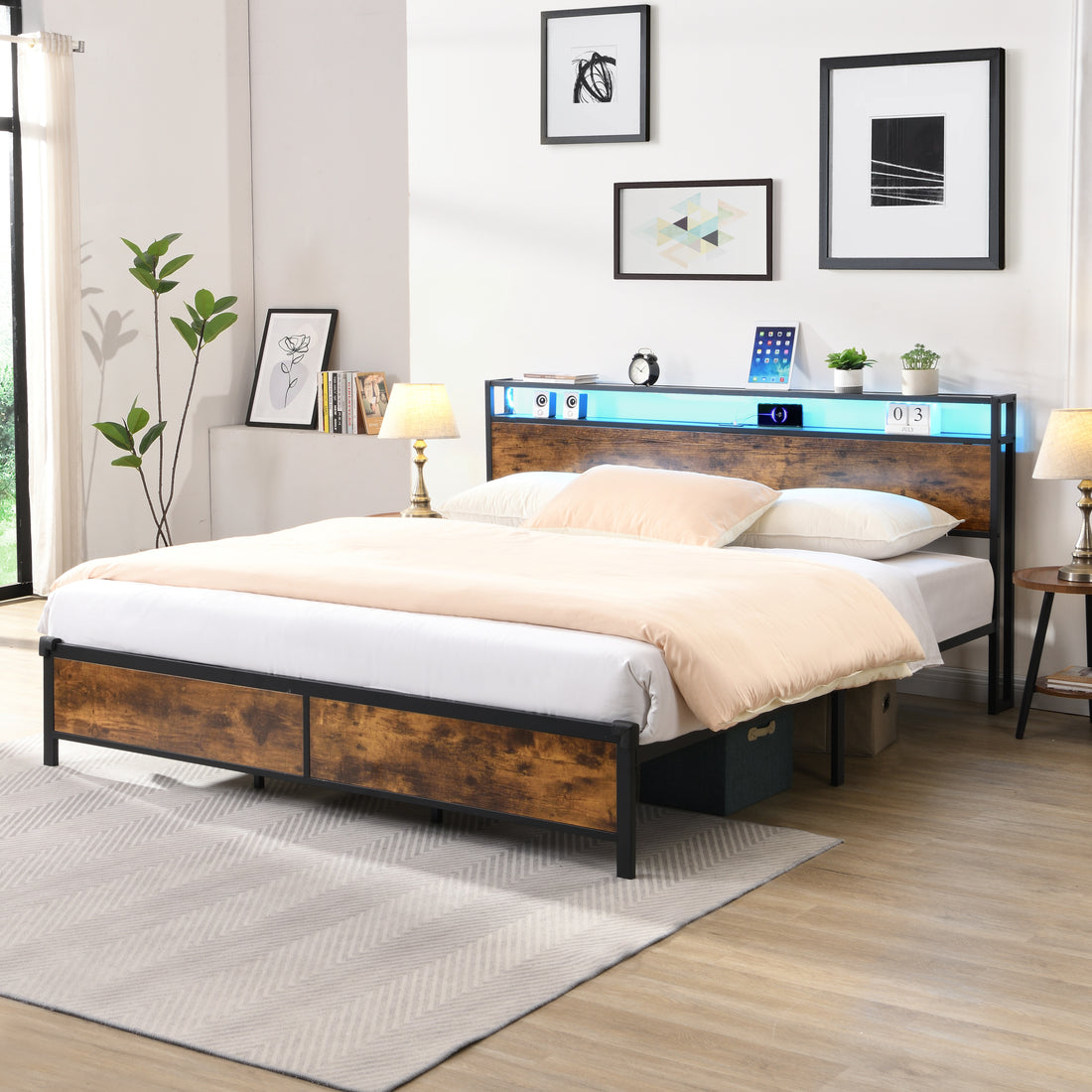 Industrial King Bed Frame With Led Lights And 2 Usb Ports, Bed Frame King Size With Storage, Noise Free, No Box Spring Needed, Rustic Brown Box Spring Not Required King Antique Brown Metal Brown Bedroom Industrial Metal & Wood