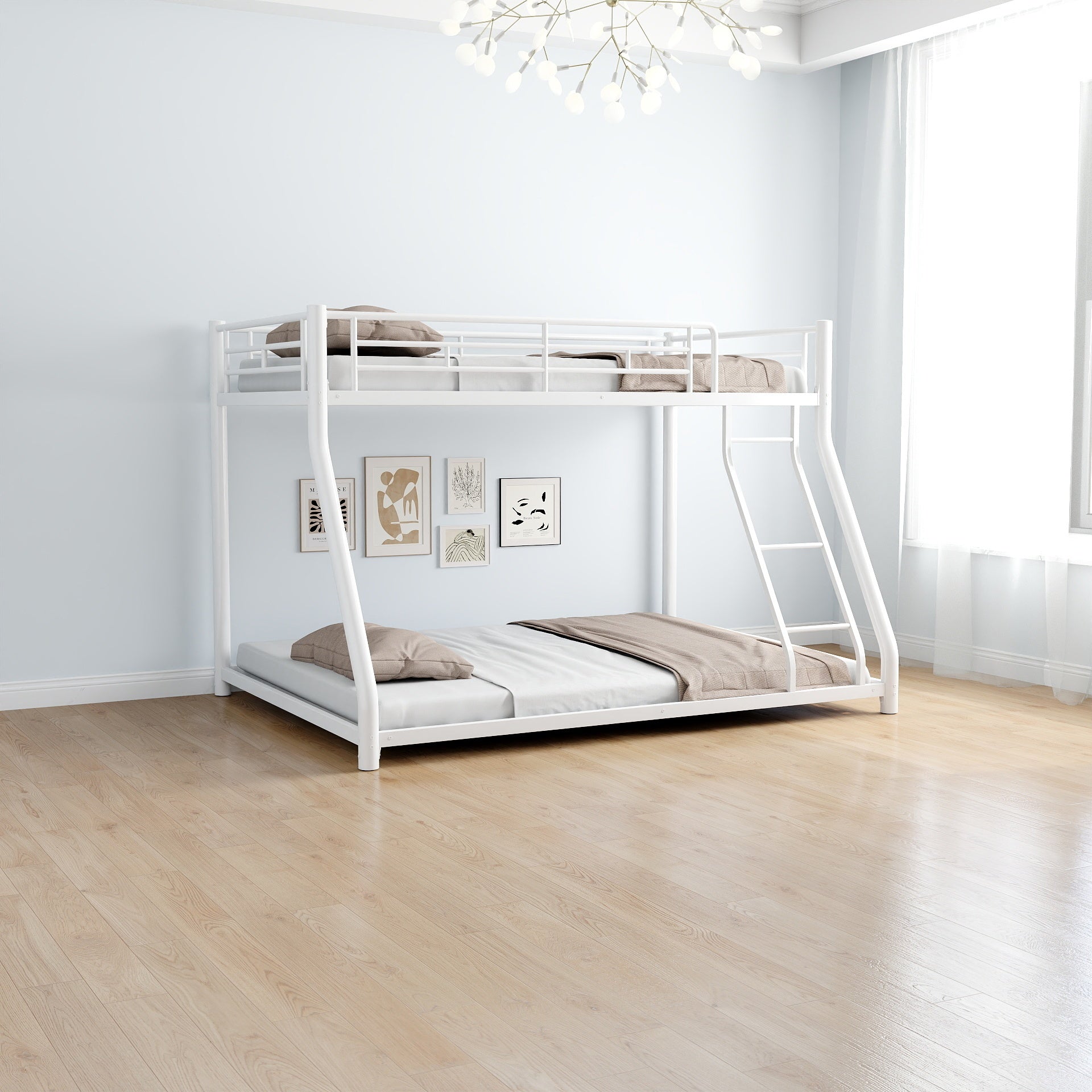 Metal Bunk Bed Twin Over Full Size With Removable Stairs, Heavy Duty Sturdy Frame With 12" Under Bed Storage For Teen & Adults, Teens, No Box Spring Needed, White Box Spring Not Required Full White Metal Bedroom Metal