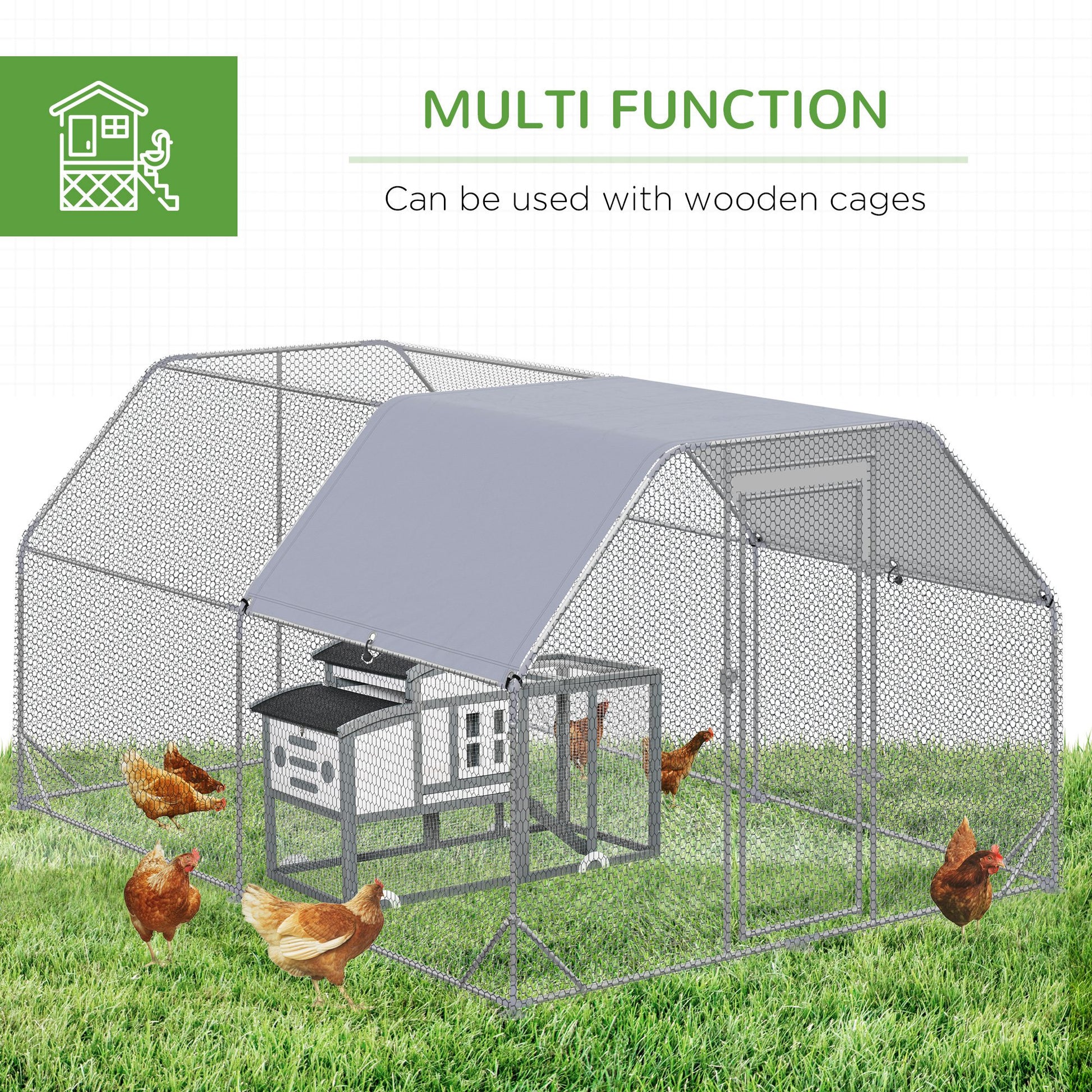 Pawhut Large Chicken Coop Metal Chicken Run With Waterproof And Anti Uv Cover, Flat Shaped Walk In Fence Cage Hen House For Outdoor And Yard Farm Use, 1" Tube Diameter, 9.2' X 12.5' X 6.4' Silver Steel