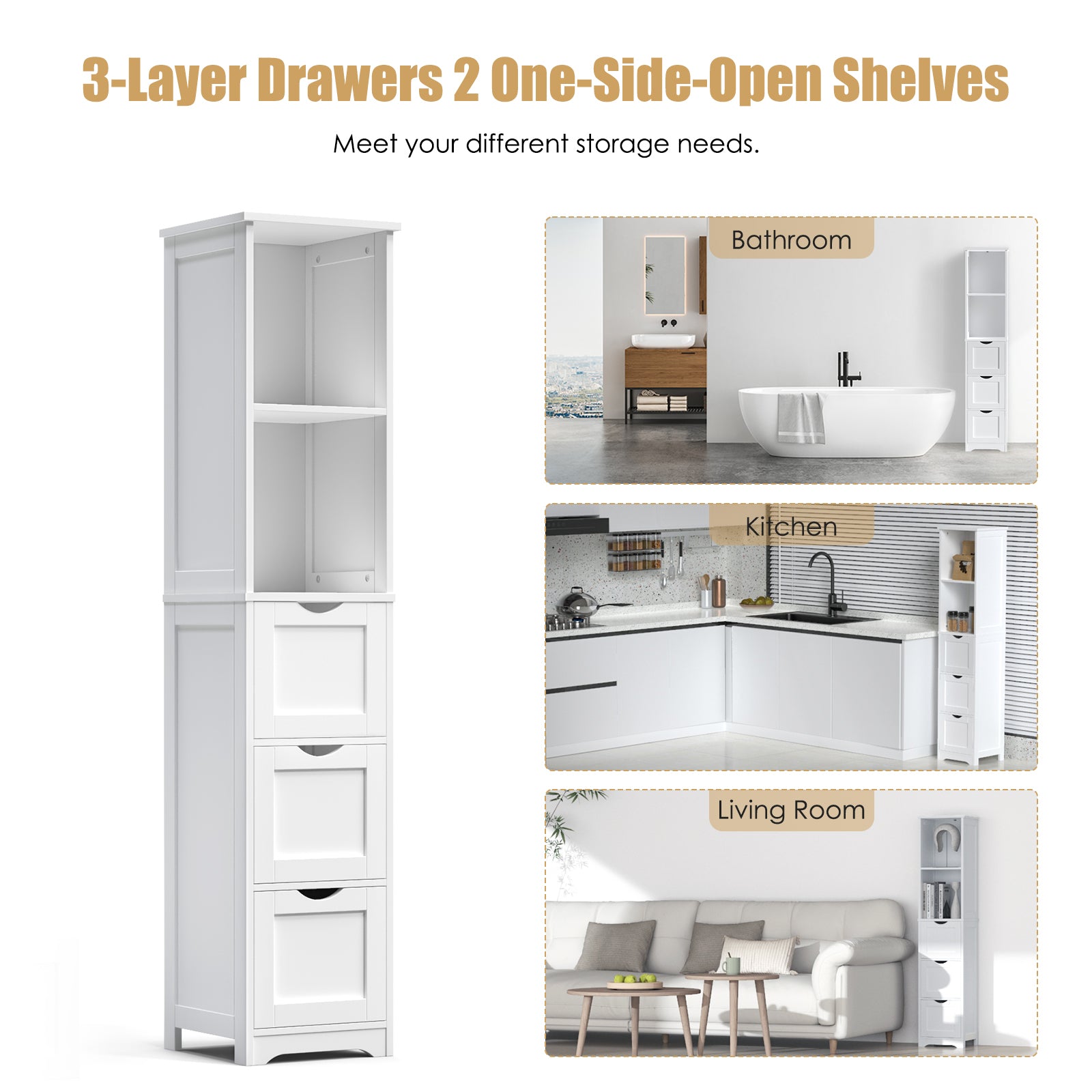 Bathroom Tall Storage Cabinet, Slim Free Standing Cabinet With 3 Drawers And 2 Shelves,Floor Cabinet For Small Space, 11.8" D X 12.6" W X 57.5" H, White Ameican White Oak Rubber Wood