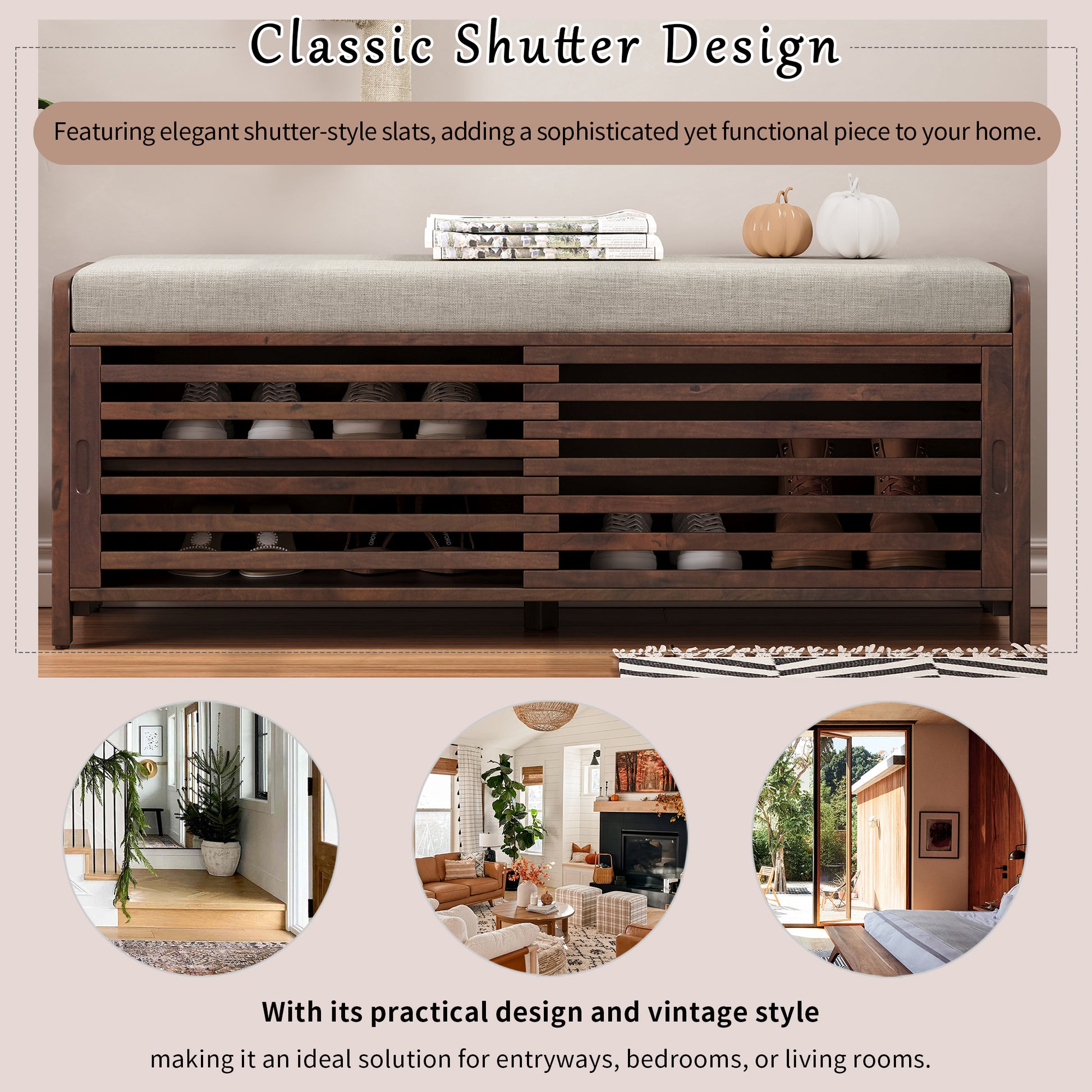 Distressed Shutter Storage Bench With Acacia Veneer For Retro Charm For Living Room, Entryway Espresso Espresso Mdf
