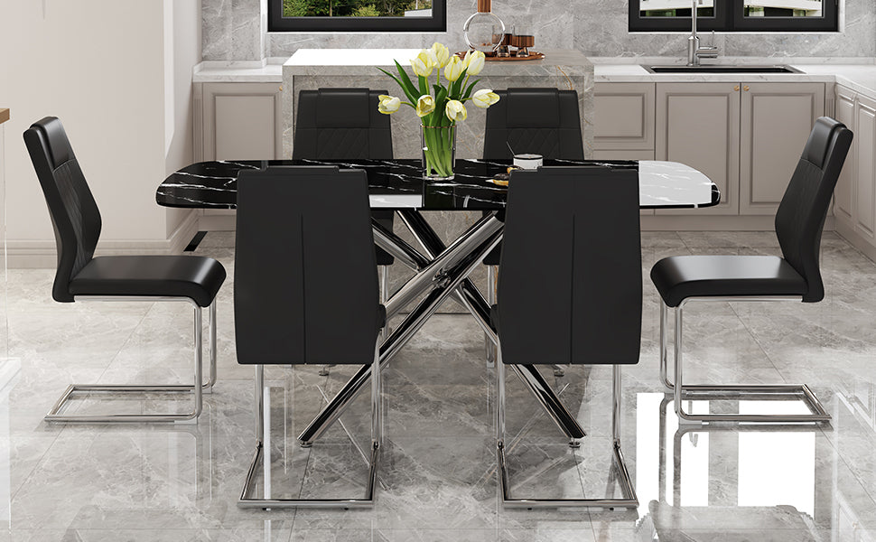 Table And Chair Set, Large Modern Minimalist Rectangular Dining Table, 0.39 "Imitation Marble Tabletop And Silver Metal Legs, Soft Leather Seats. F 1537 Silver Glass Metal