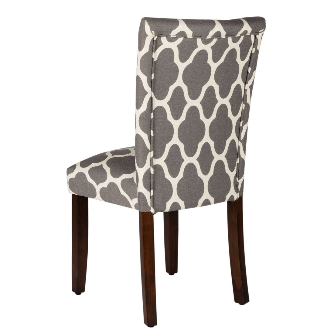 Wooden Parson Dining Chair With Quatrefoil Pattern Fabric Upholstery, Gray And White, Set Of Two Grey White Wood Fabric
