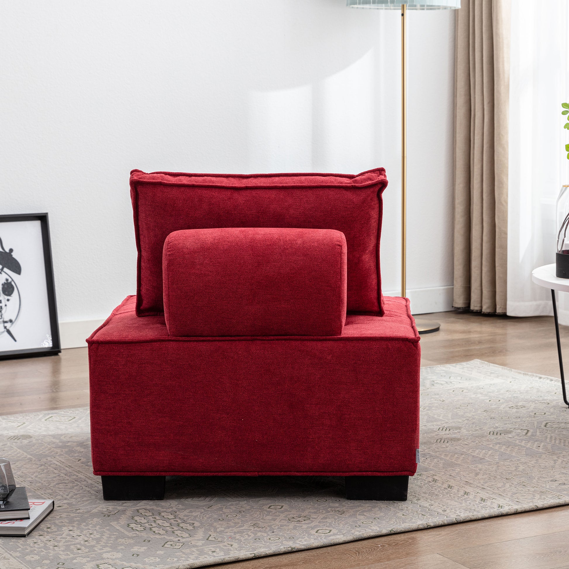 Coolmore Modern Upholstered Chair Leisure Sofa Lazy Sofa Plastic Legs And Pillow Removable Armless Accent Chair For Living Room,Bedroom,Office Rose Red Linen Rose Red Foam Linen