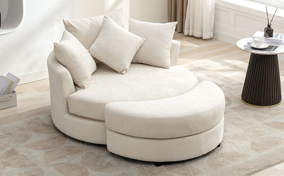 Orisfur. 360 Swivel Accent Barrel Chair With Storage Ottoman & 4 Pillows, Modern Chenille Leisure Chair Round Accent For Living Room, Cream Cream Foam Chenille