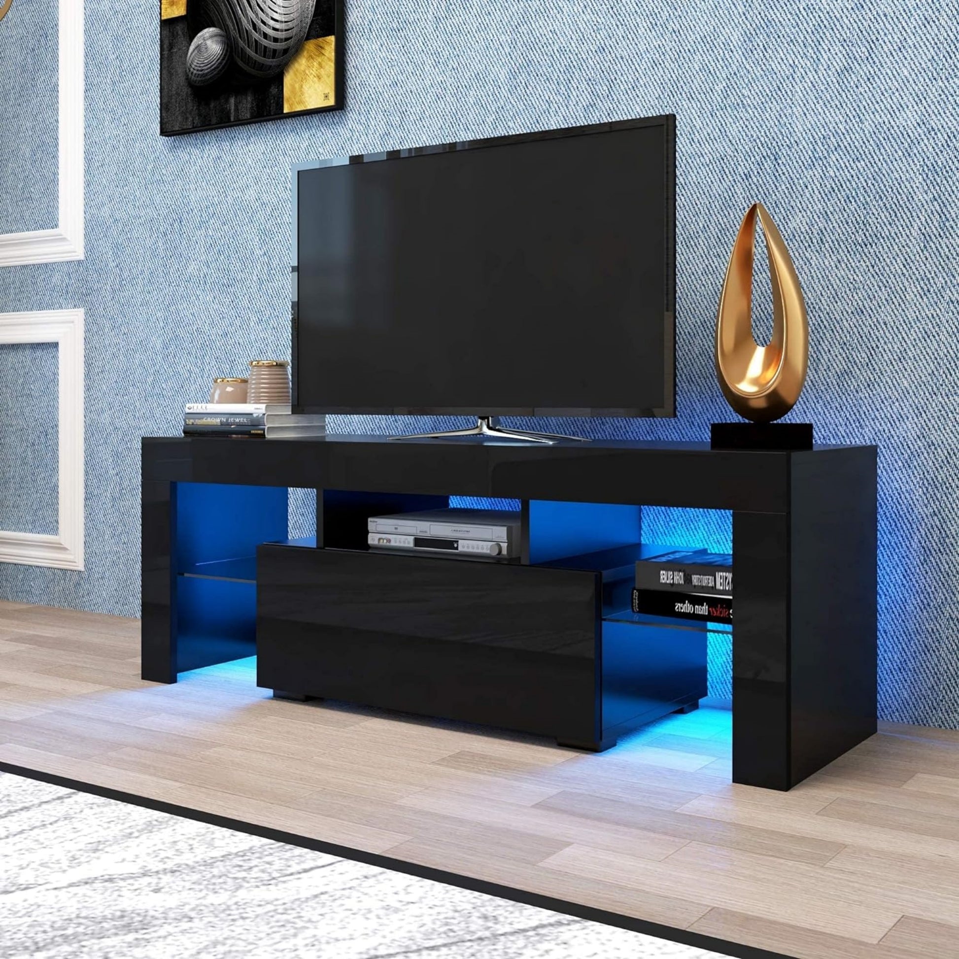 Led Tv Stand For Televisions Up To 55 Inchs,Modern Entertainment Center With Down Filp Door, Glass Shelf And High Glossy Uv Front Face, Tv Console Table For Living Room,Bedroom. Black Color Black