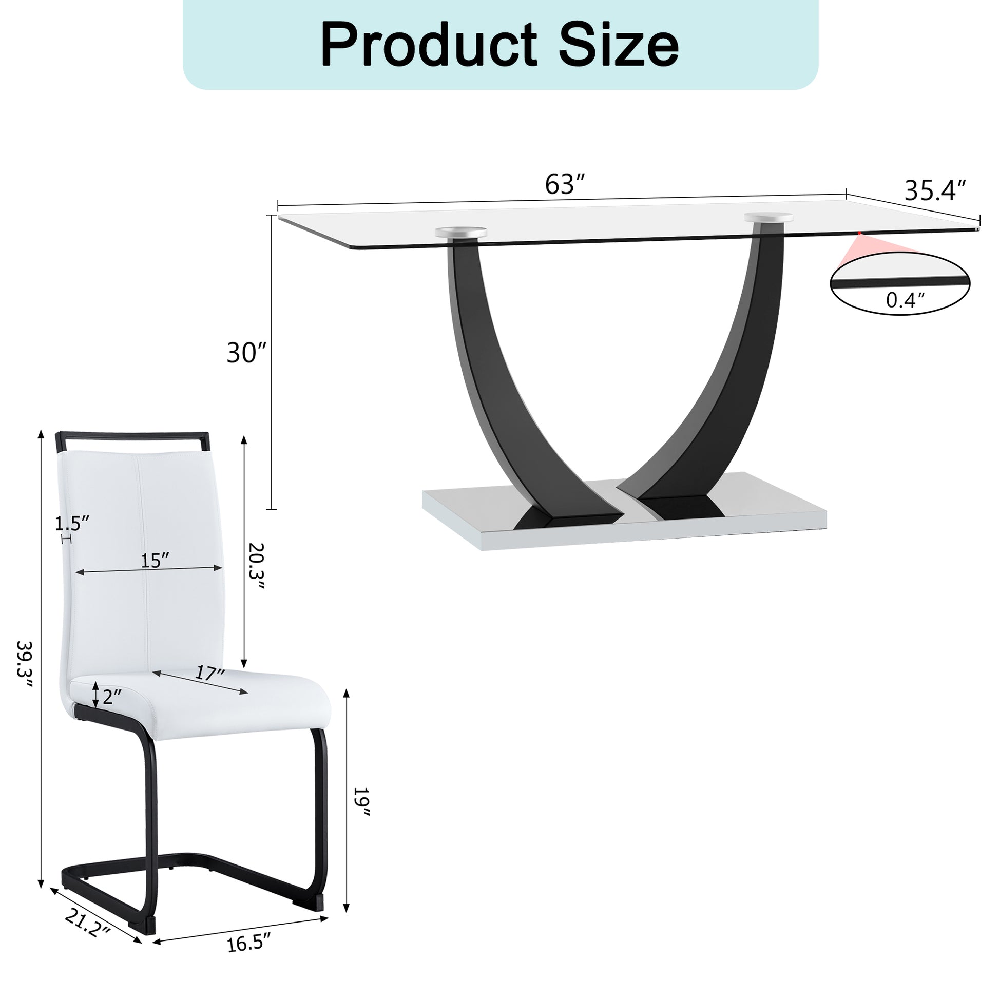 Table And Chair Set.Large Rectangular Glass Dining Table, 0.39 "Tempered Glass Countertop And Black Metal Shaped Bracket.Comes With Chairs With Faux Leather Cushions.Suitable For Kitchen, Dining Room. White Black Seats 6 Glass Metal