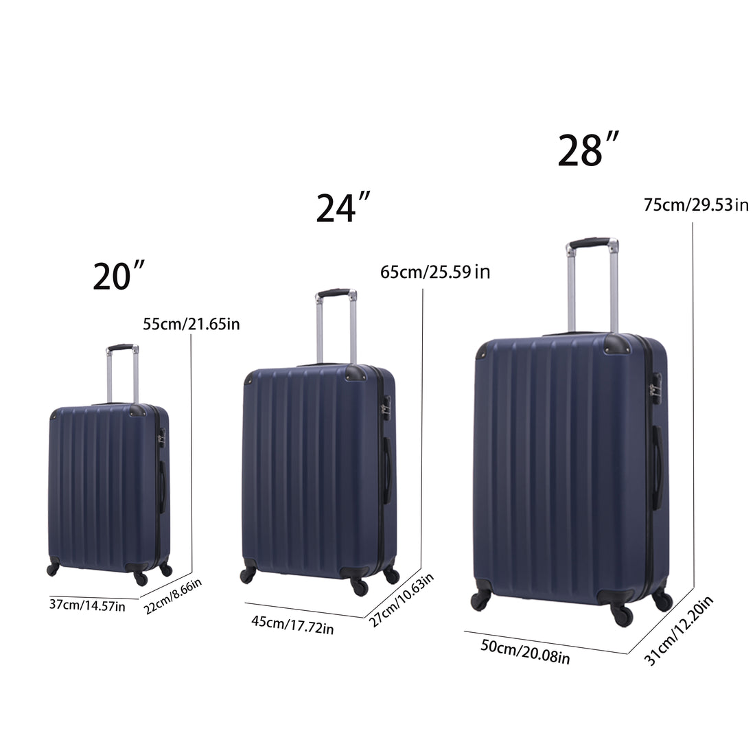 3 Piece Abs Hard Luggage Set With Universal Wheels And Password Lock, 20 24 28 Inch Blue Blue Abs