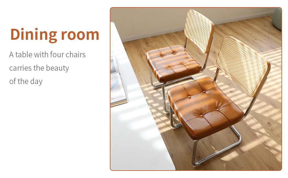 Dining Chairs Set Of 2, Fauex Leather Rattan Side Accent Chairs With Chrome Legs, Modern Mid Century Breuer Designed Chairs, Upholstered Dining Living Room Kitchen Chairs Brown 2Pcs Brown Faux