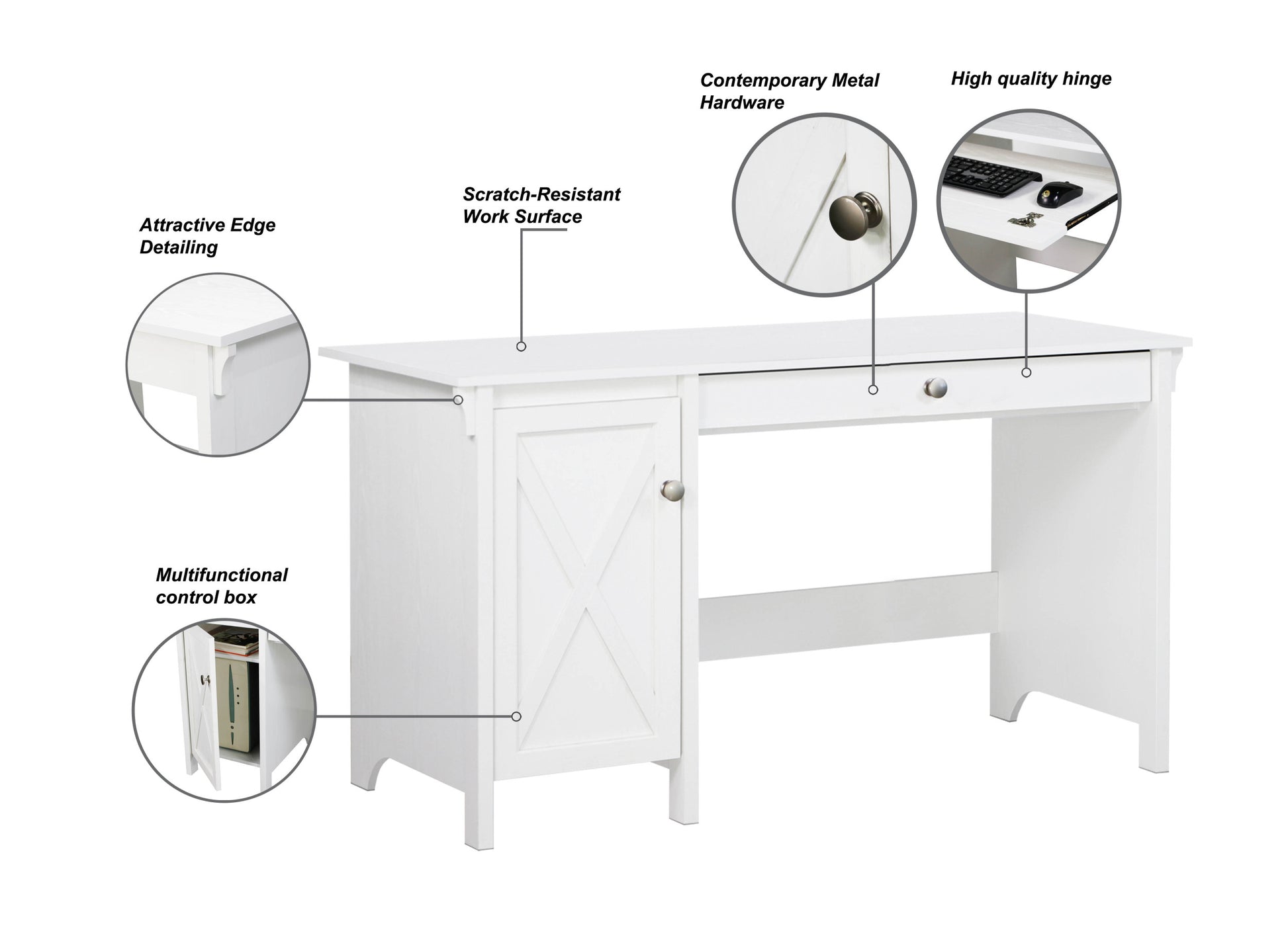 47" Writing Desk Elegant White Desk With Spacious Storage, Multifunctional Computer Desk With Drawer, Versatile Office Writing Table With Modern Metal Hardware, Cable Management System Included White Solid Wood