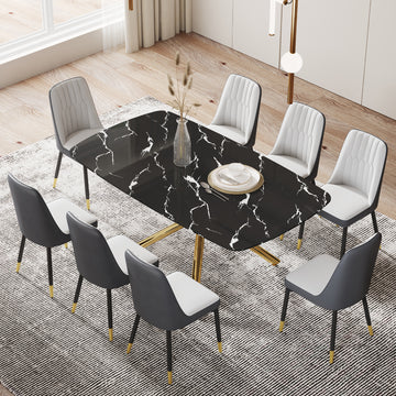 Large Modern Minimalist Rectangular Dining Table With 0.39 "Imitation Marble Black Tabletop And Golden Metal Legs, Paired With Chairs With Pu Cushions And Black Metal Legs. F 1537 C 007 Black Gold Glass Metal