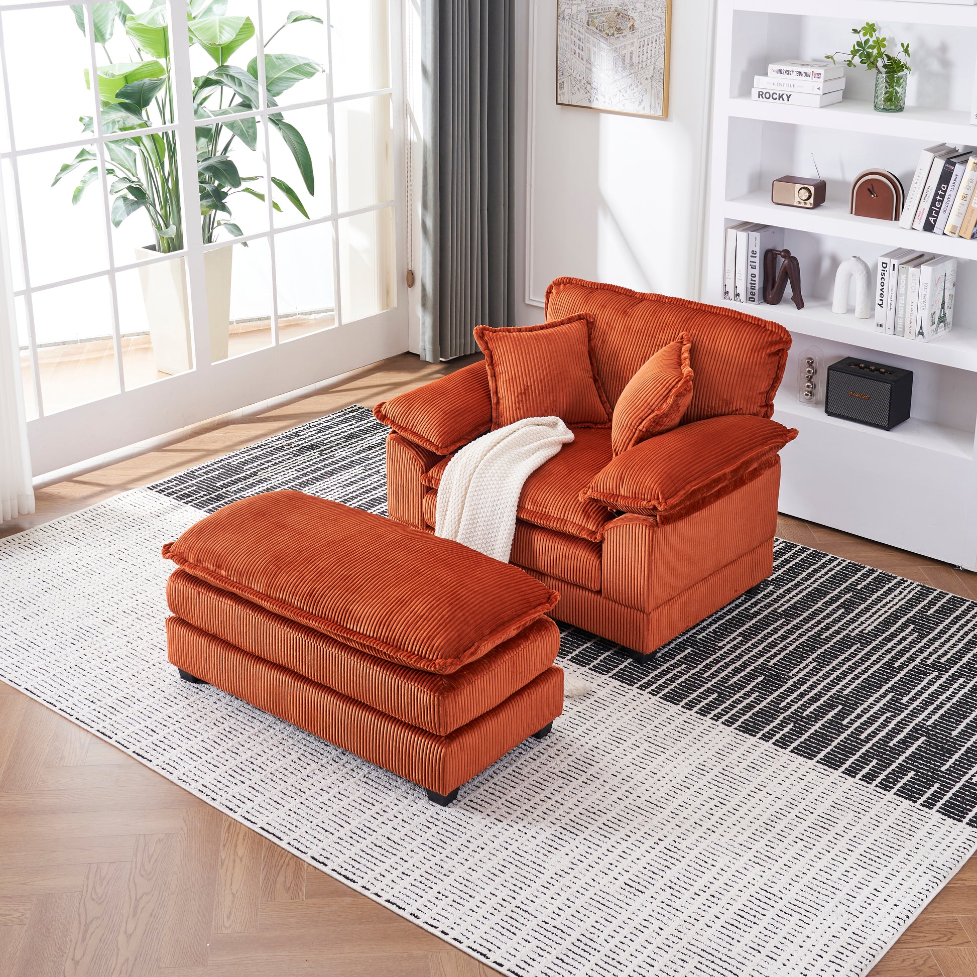 56.3 Inch Corduroy Single Sofa With 2 Toss Pillows And A Ottoman ,Comfy Sofa Deep Seat Couch For Living Room Orange Foam 1 Seat