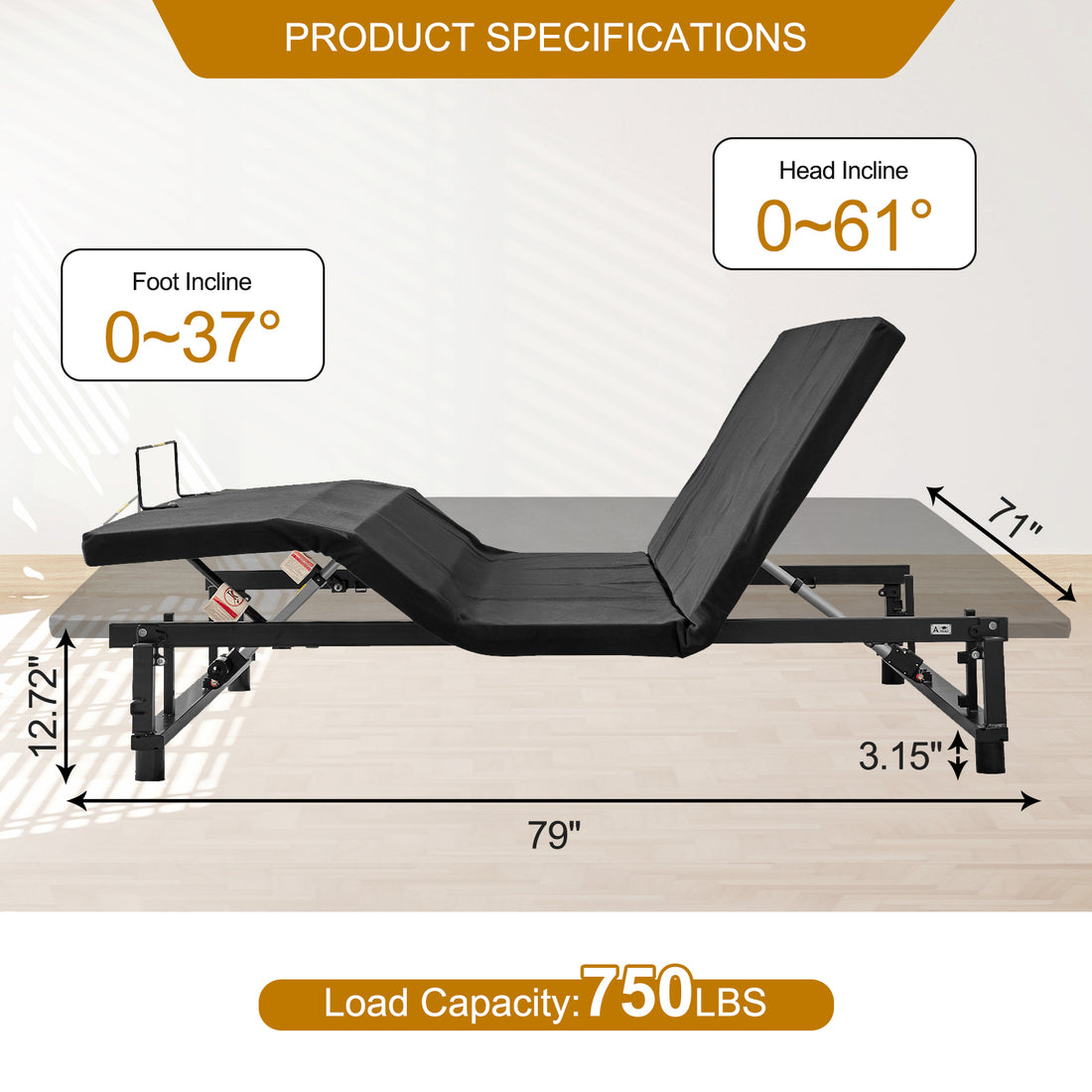 Adjustable Bed Base Frame Head And Foot Incline Quiet Motor King Size Zero Gravity, 4 Ports Usb, Under Bed Nightlight King Antique Black Bedroom Bed Frame Steel,Wood