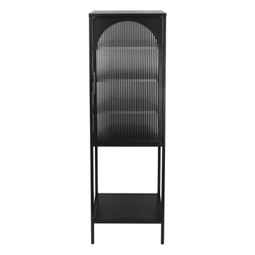 Stylish Tempered Glass High Cabinet With Arched Door Adjustable Shelves And Feet Anti Tip Dust Free Fluted Glass Kitchen Credenza Black Black Tempered Glass Sheet Metal Plastic