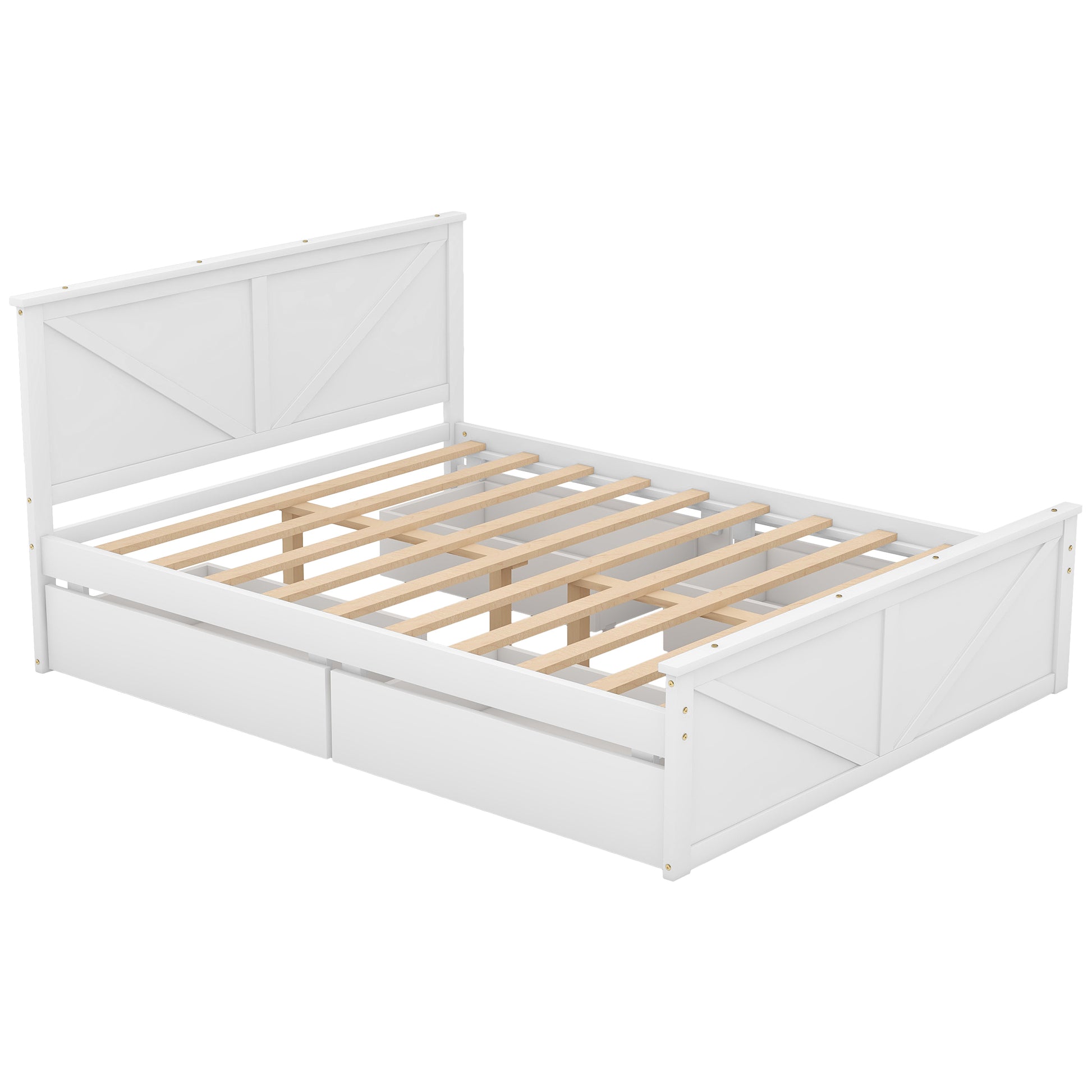 Queen Size Wooden Platform Bed With Four Storage Drawers And Support Legs, White Queen Antique White Pine